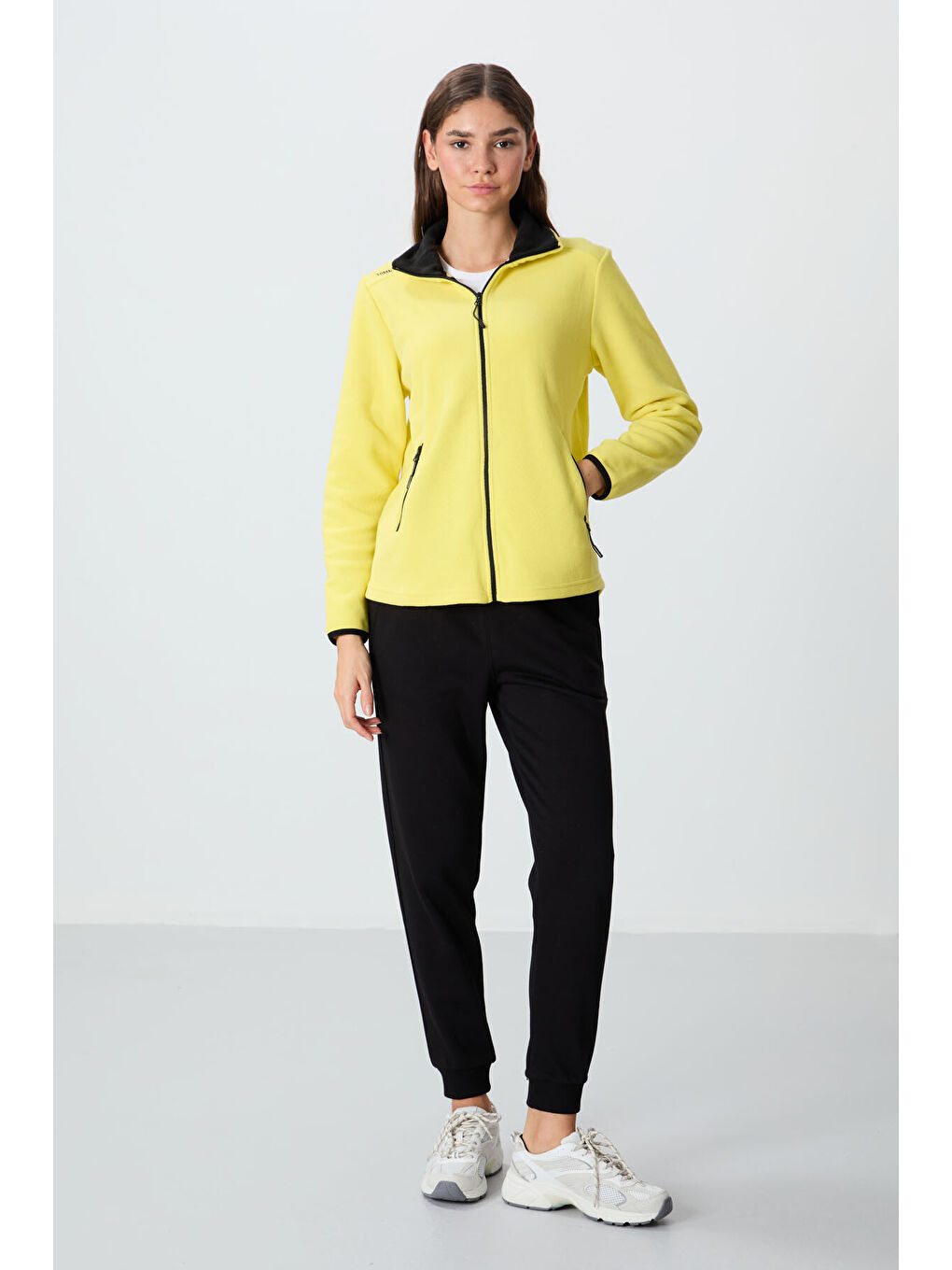 Sarı Limon Dik Yaka Fermuarlı Rahat Form Kadın Polar Sweatshirt - 97173-1