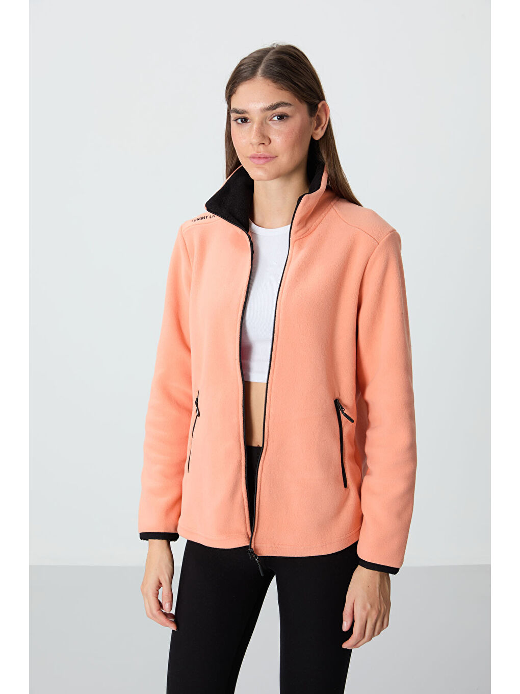 Turuncu Kavun İçi Dik Yaka Fermuarlı Rahat Form Kadın Polar Sweatshirt - 97173