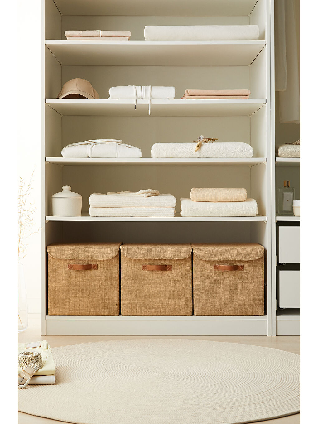 Bej 3'lü Jüt Kapaklı Kutu Set 30x30x30 cm-1