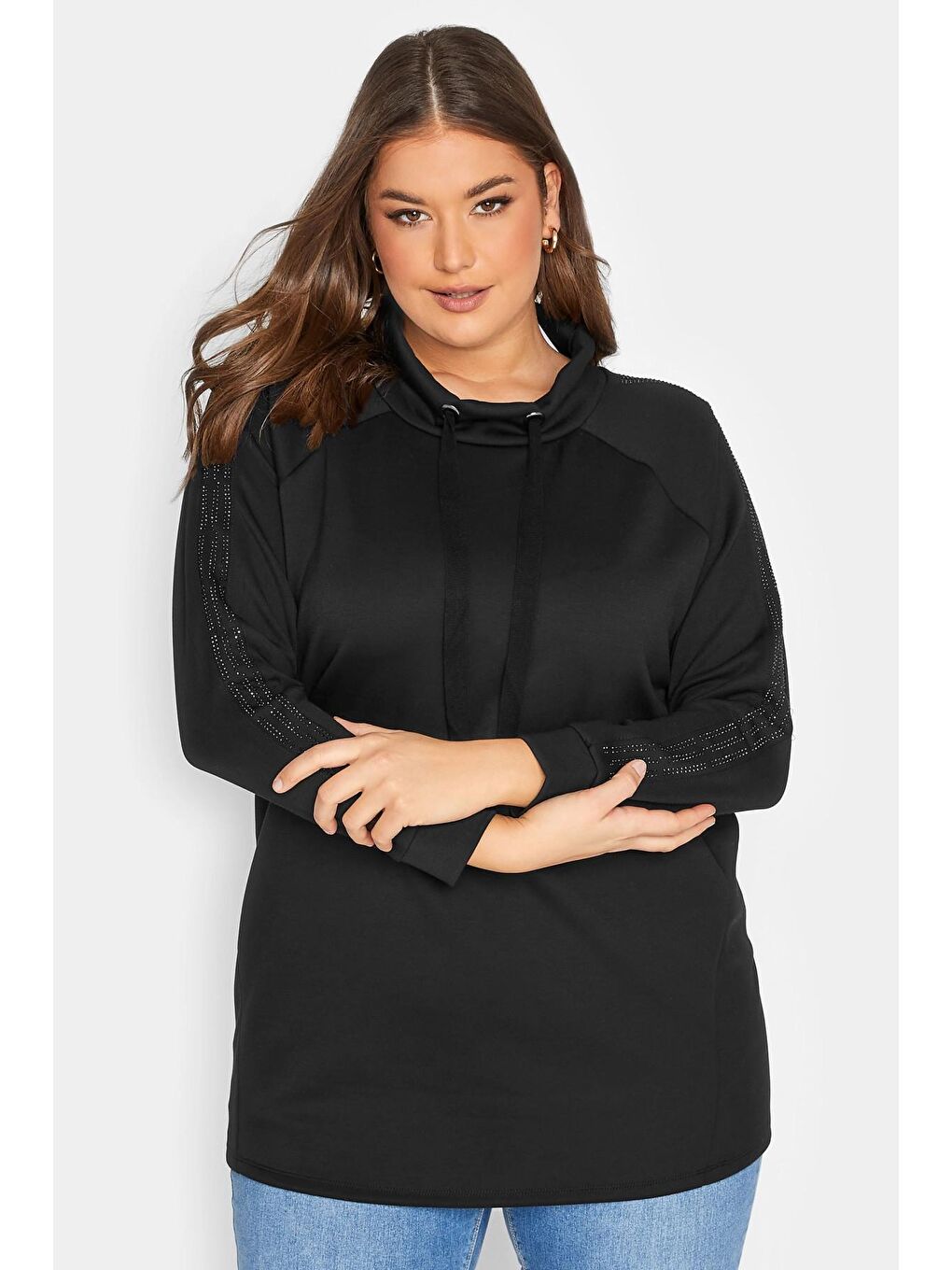 Siyah Büyük Beden Bağcıklı Kolları Pul Detaylı Uzun Kollu Sweatshirt 301199