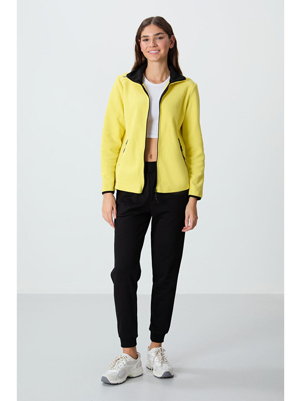 Sarı Limon Dik Yaka Fermuarlı Rahat Form Kadın Polar Sweatshirt - 97173-3