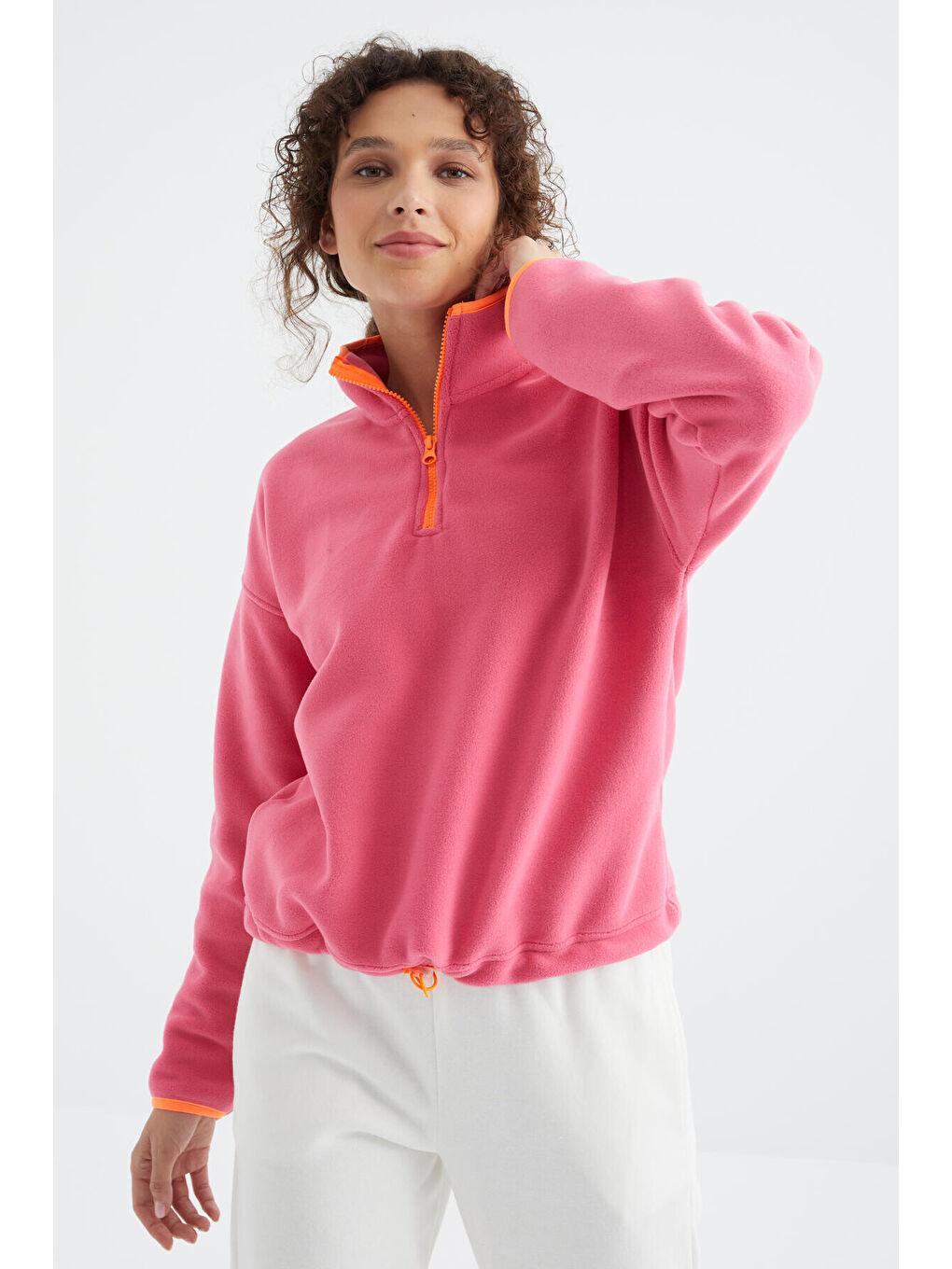 Şeker Pembe Yarım Fermuar Etek Ucu Büzgülü Dik Yaka Oversize Kadın Polar Sweatshirt - 97234-2