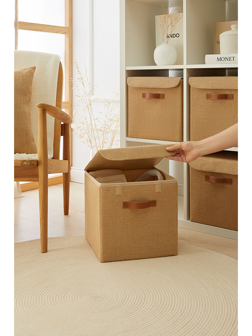 Bej 3'lü Jüt Kapaklı Kutu Set 30x30x30 cm-2