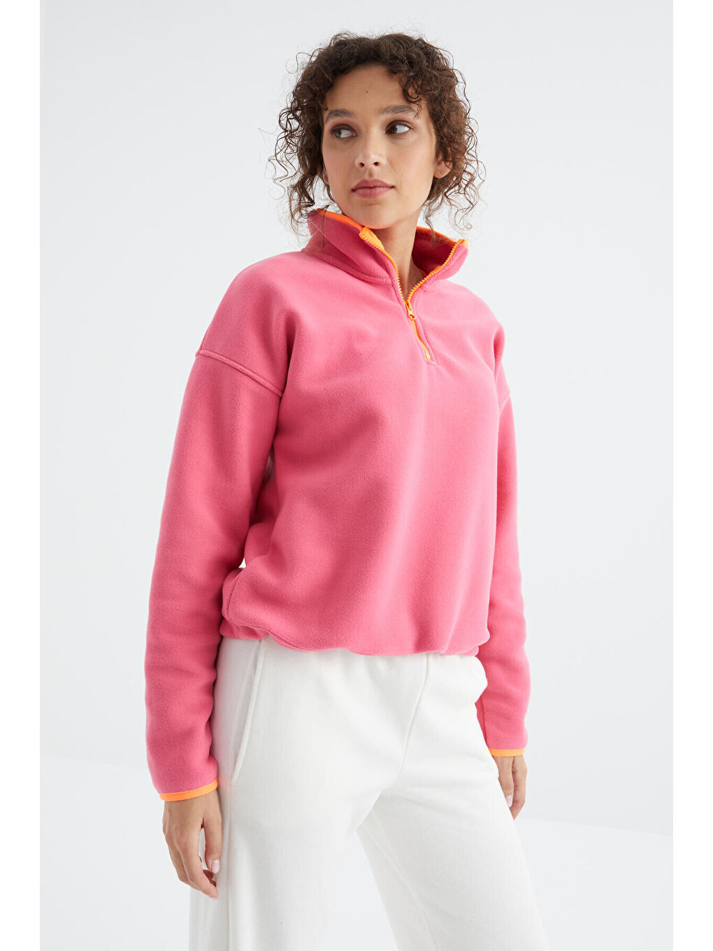 Şeker Pembe Yarım Fermuar Etek Ucu Büzgülü Dik Yaka Oversize Kadın Polar Sweatshirt - 97234-4