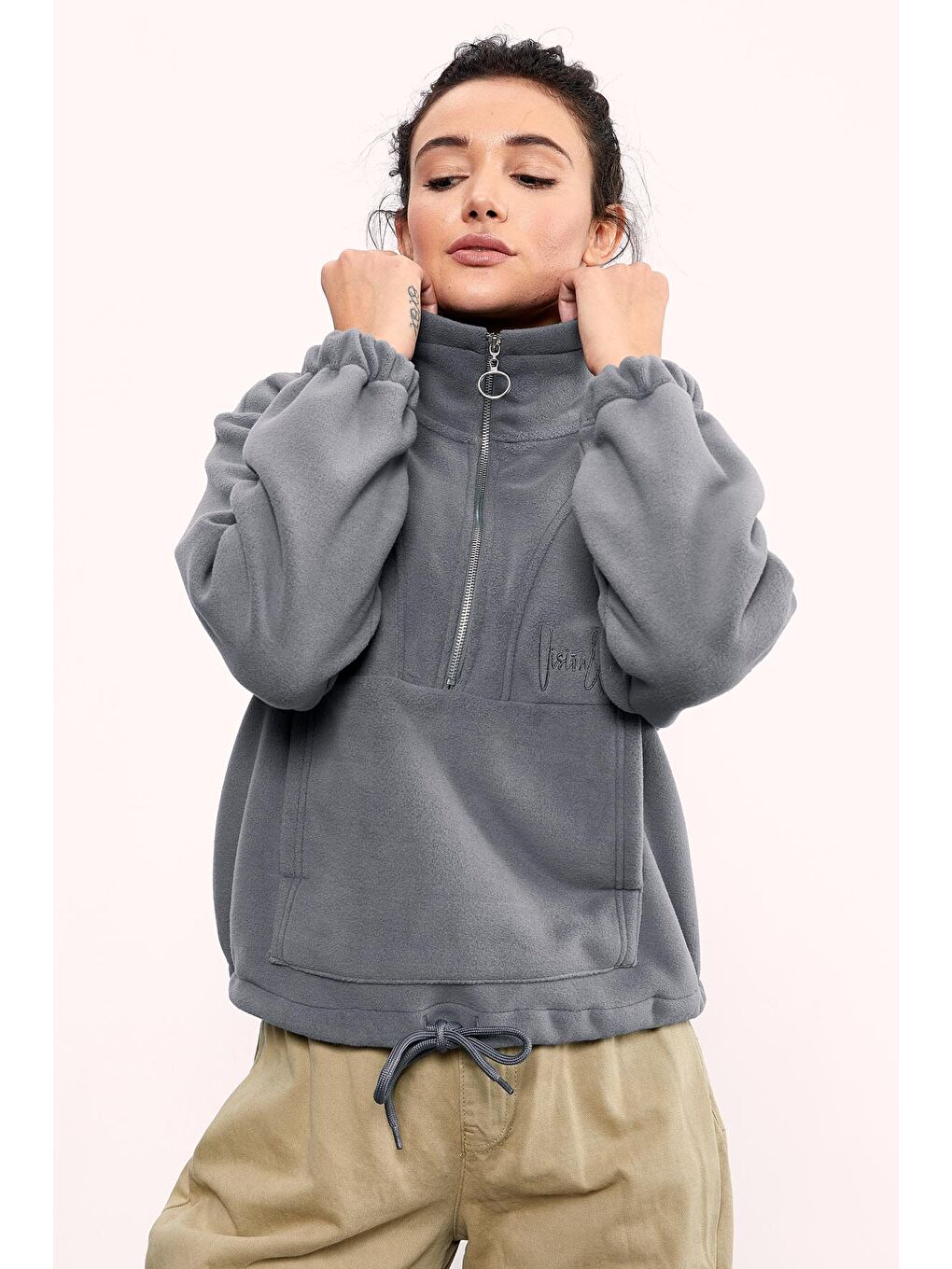 Gri Melanj Yarım Fermuar Etek Ucu Büzgülü Kadın Polar Oversize Sweatshirt - 97171-3