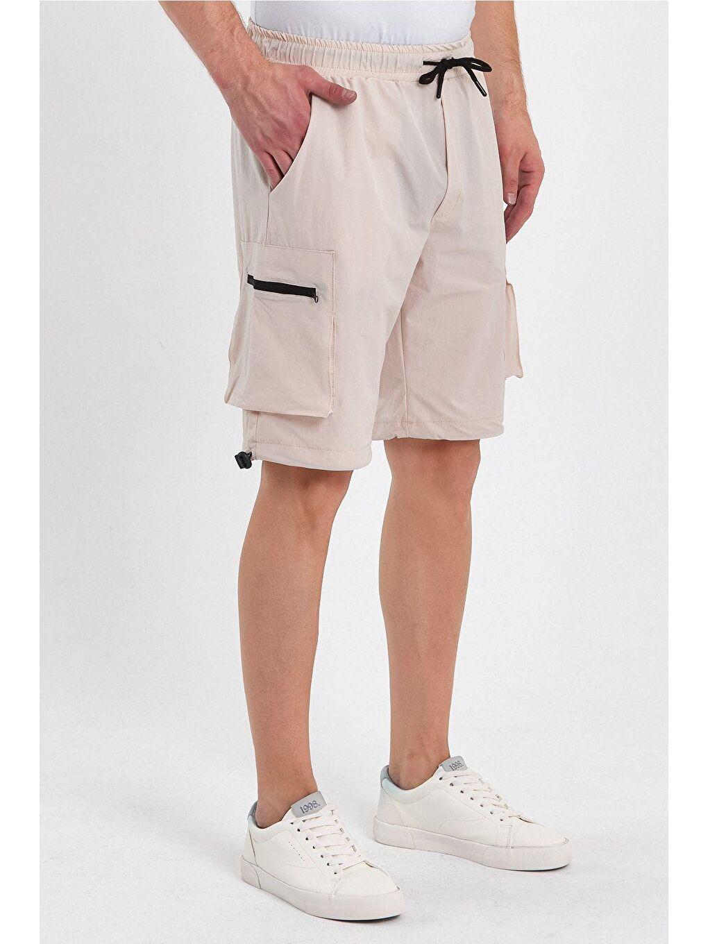 Bej Erkek Spor Şort Outdoor Spor Likra Fermuar Kargo Cepli Şort