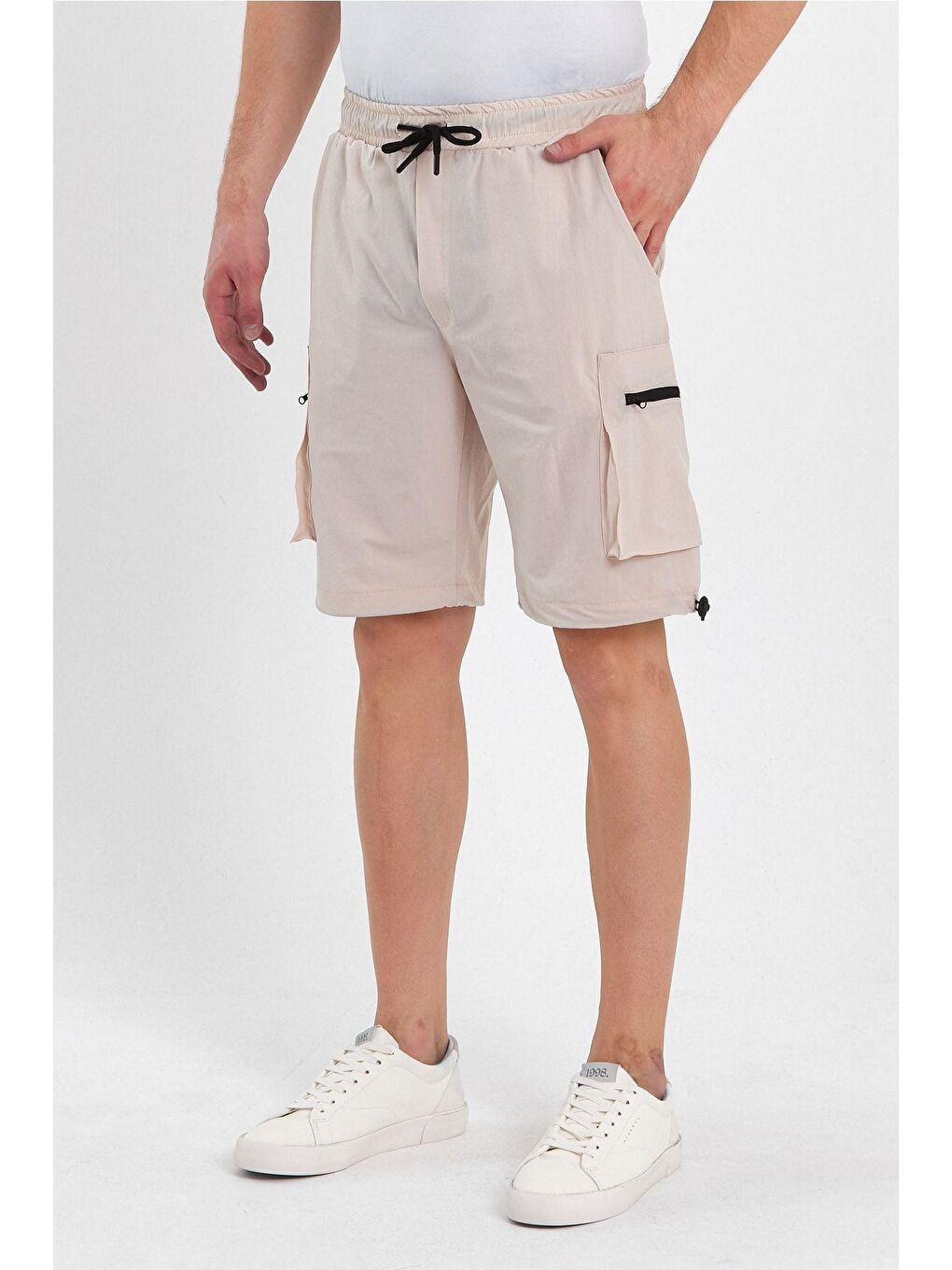Bej Erkek Spor Şort Outdoor Spor Likra Fermuar Kargo Cepli Şort-1