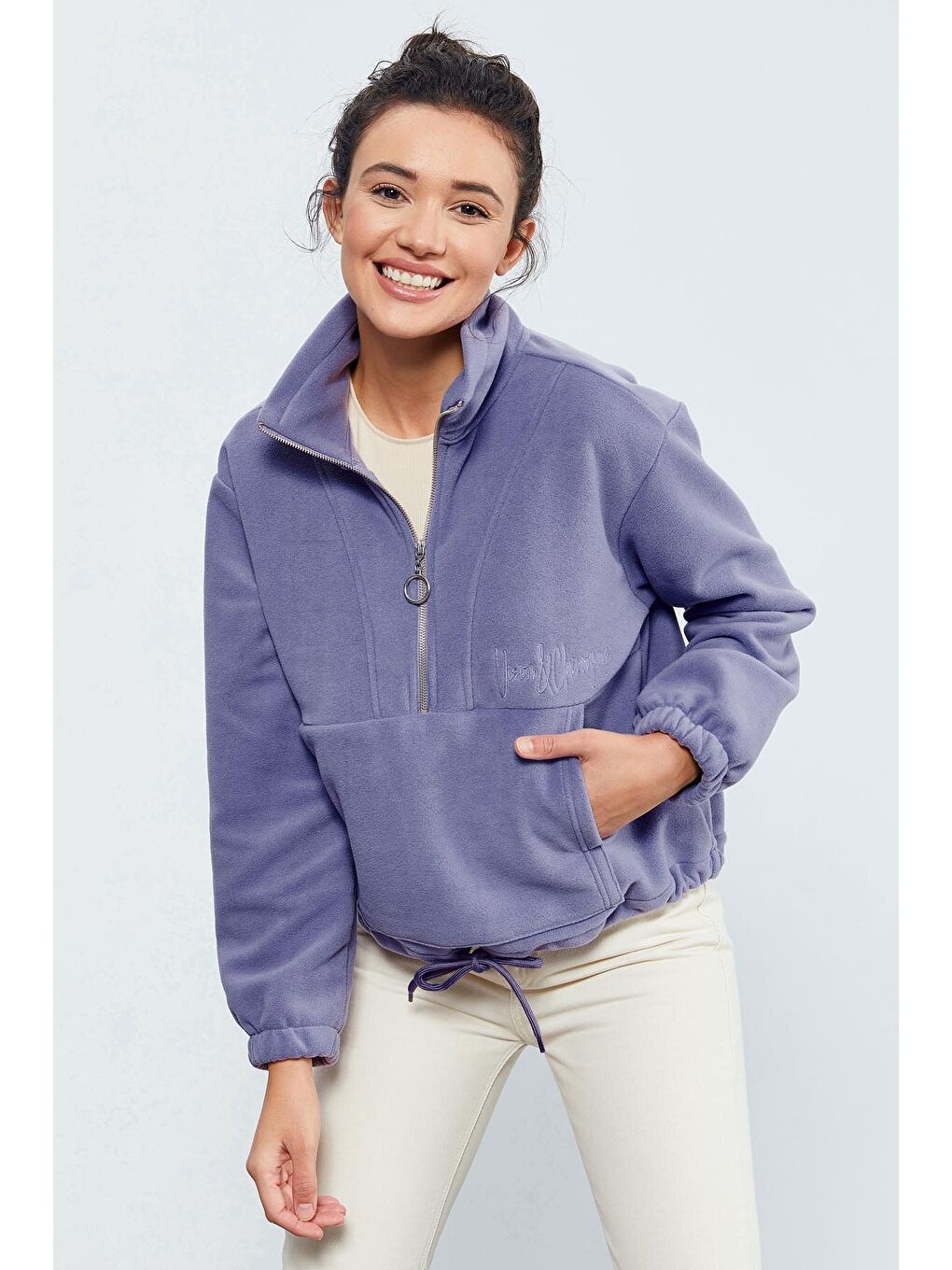 Mor Açık Eflatun Yarım Fermuar Etek Ucu Büzgülü Kadın Polar Oversize Sweatshirt - 97171