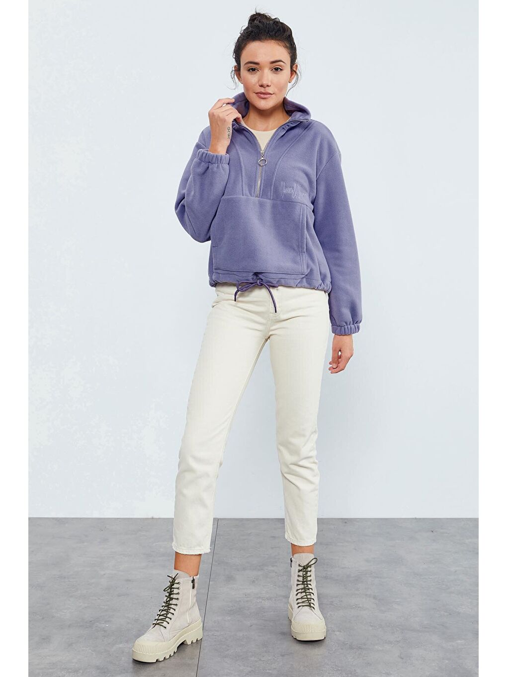 Mor Açık Eflatun Yarım Fermuar Etek Ucu Büzgülü Kadın Polar Oversize Sweatshirt - 97171-1