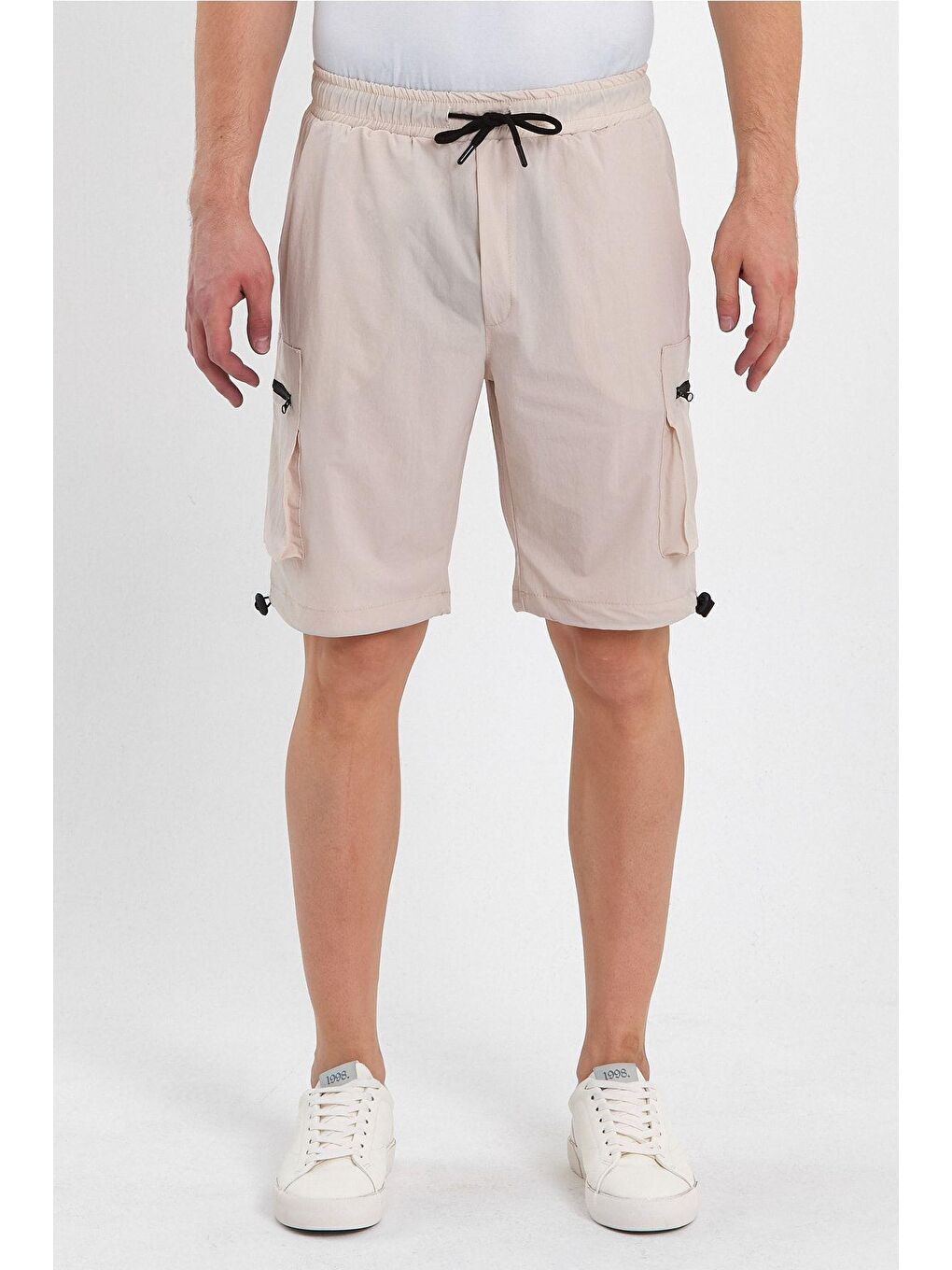 Bej Erkek Spor Şort Outdoor Spor Likra Fermuar Kargo Cepli Şort-2
