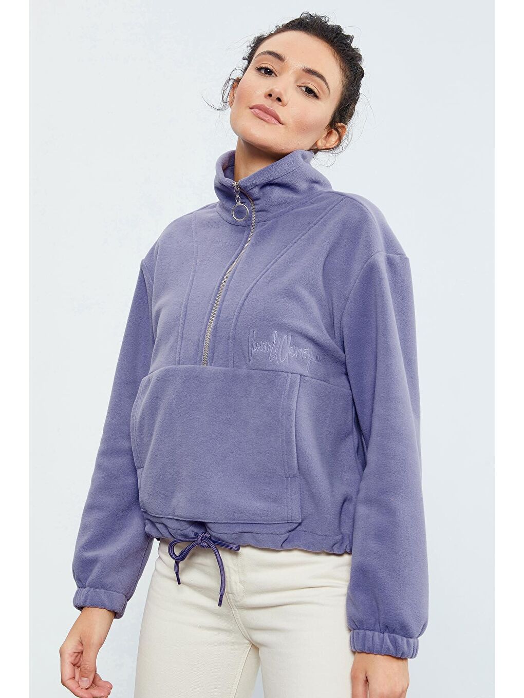 Mor Açık Eflatun Yarım Fermuar Etek Ucu Büzgülü Kadın Polar Oversize Sweatshirt - 97171-2