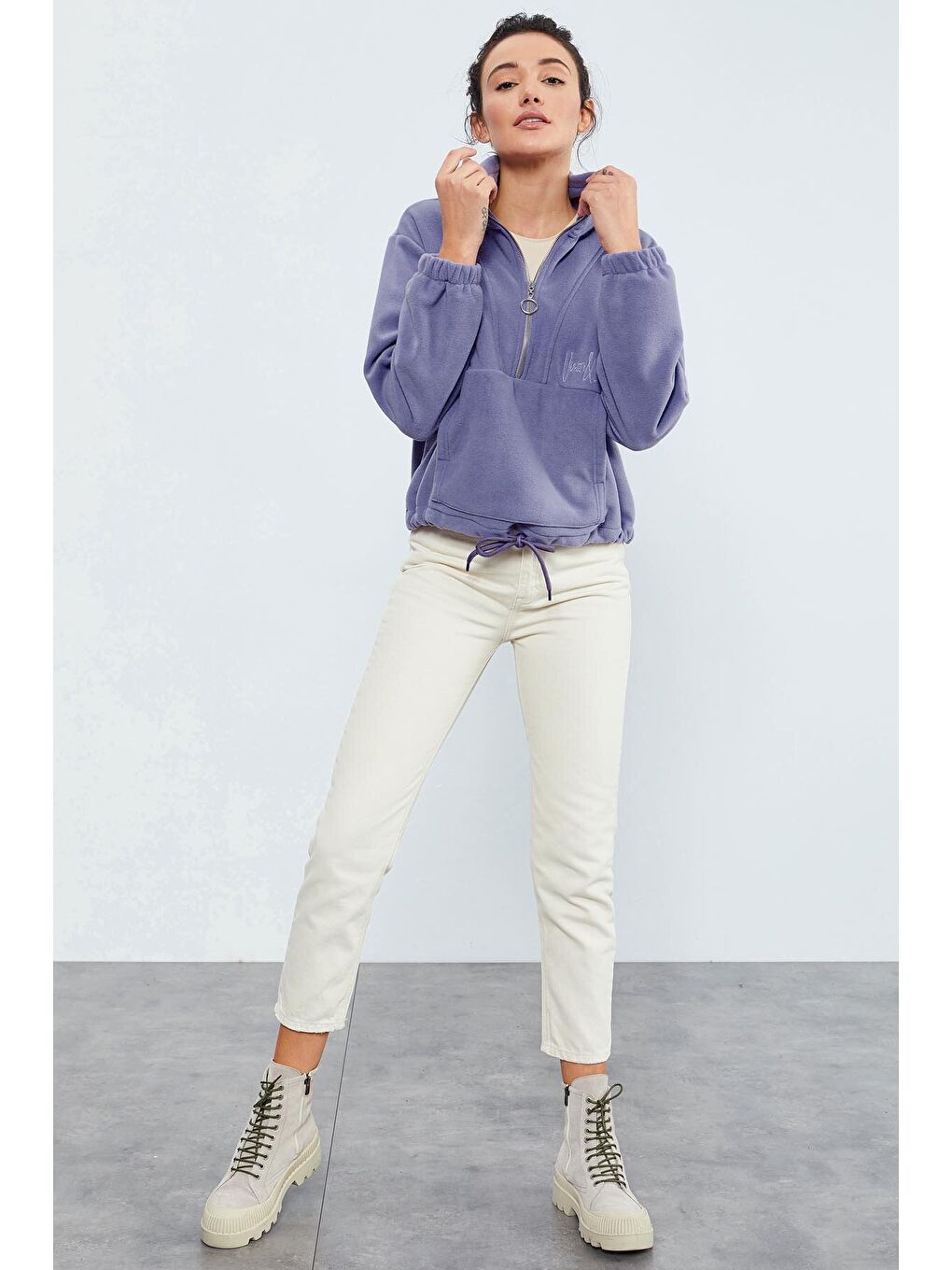 Mor Açık Eflatun Yarım Fermuar Etek Ucu Büzgülü Kadın Polar Oversize Sweatshirt - 97171-3