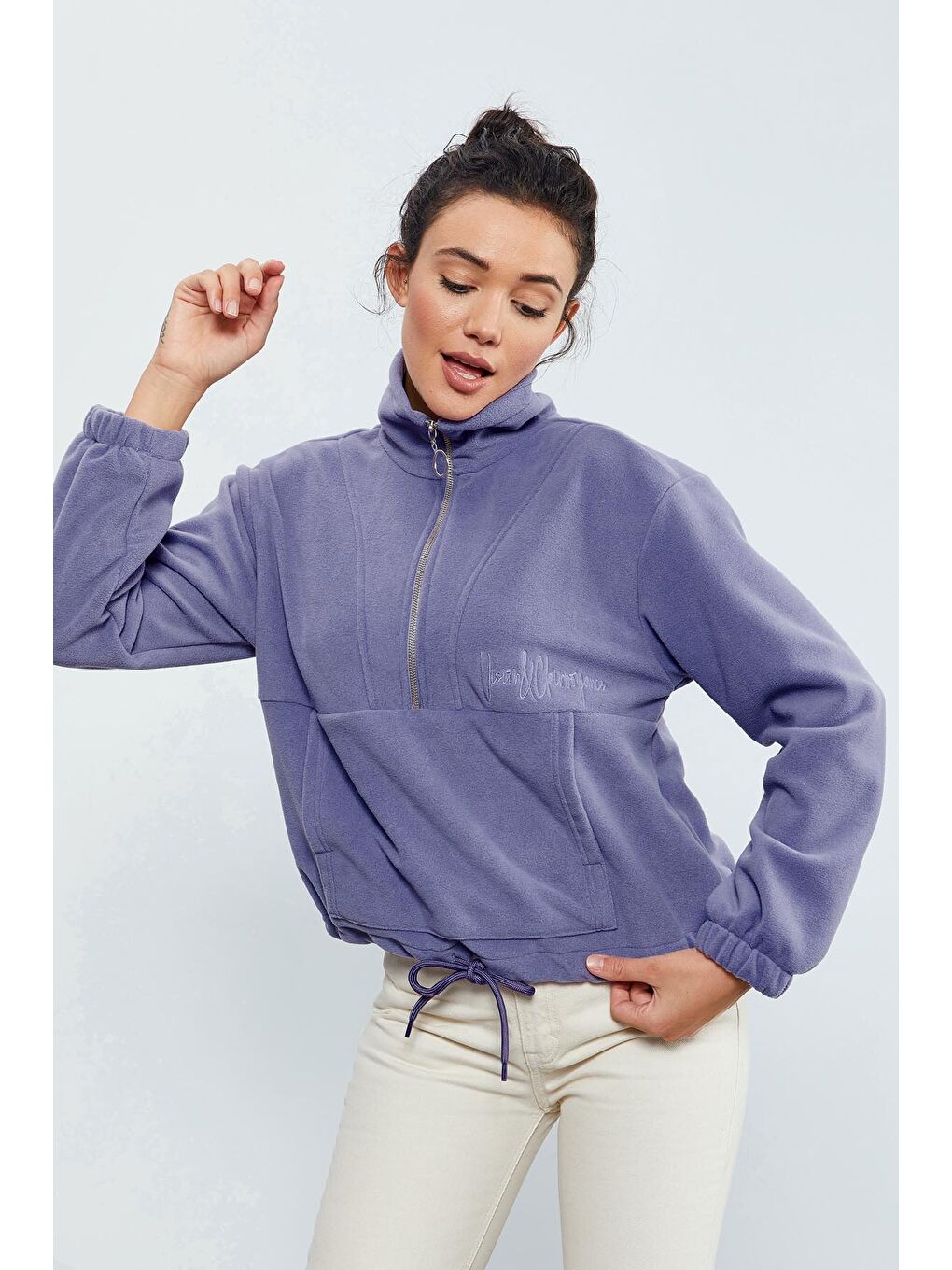 Mor Açık Eflatun Yarım Fermuar Etek Ucu Büzgülü Kadın Polar Oversize Sweatshirt - 97171-4