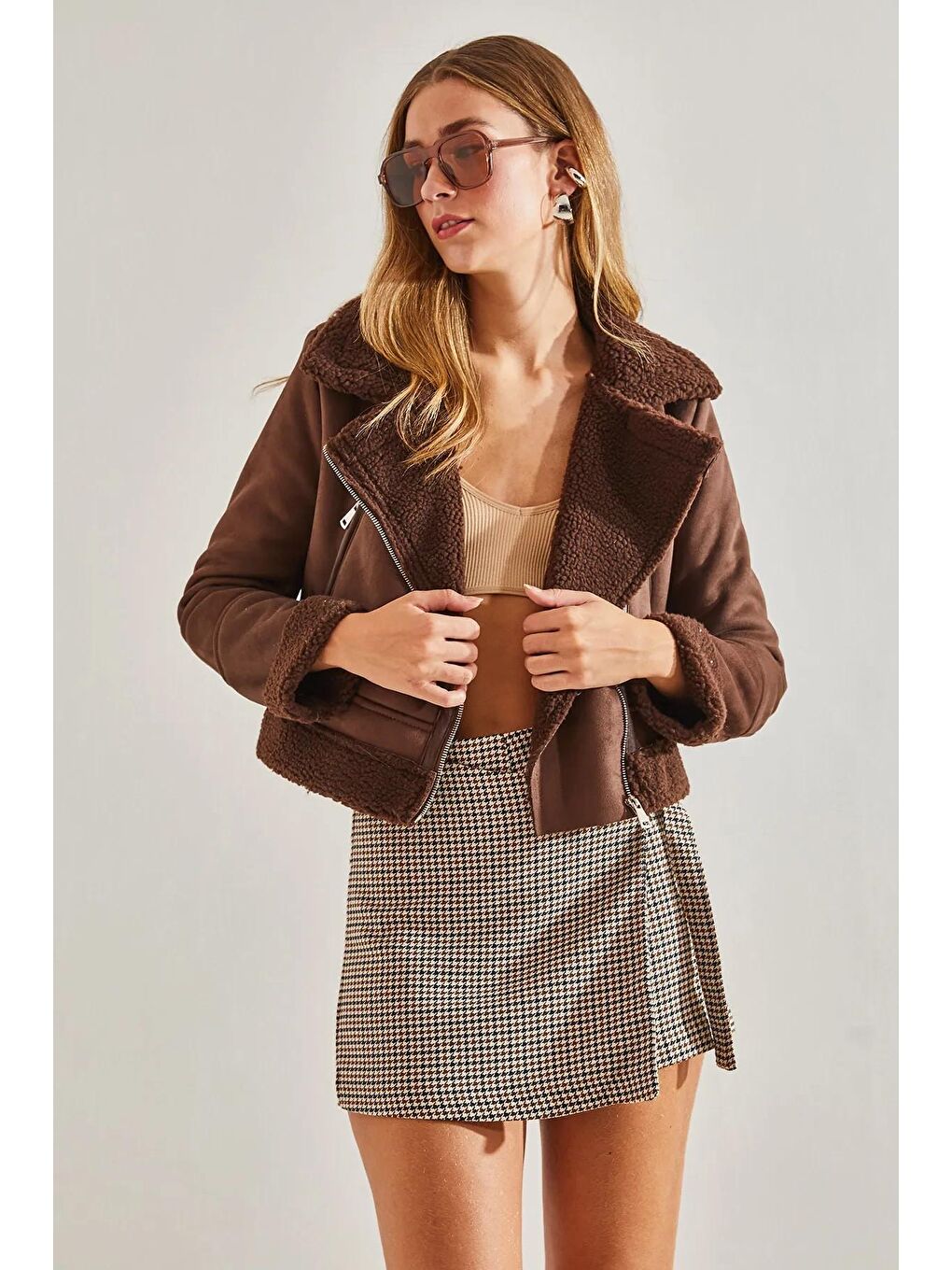 Kahverengi Kadın Süet Pelüş Mont