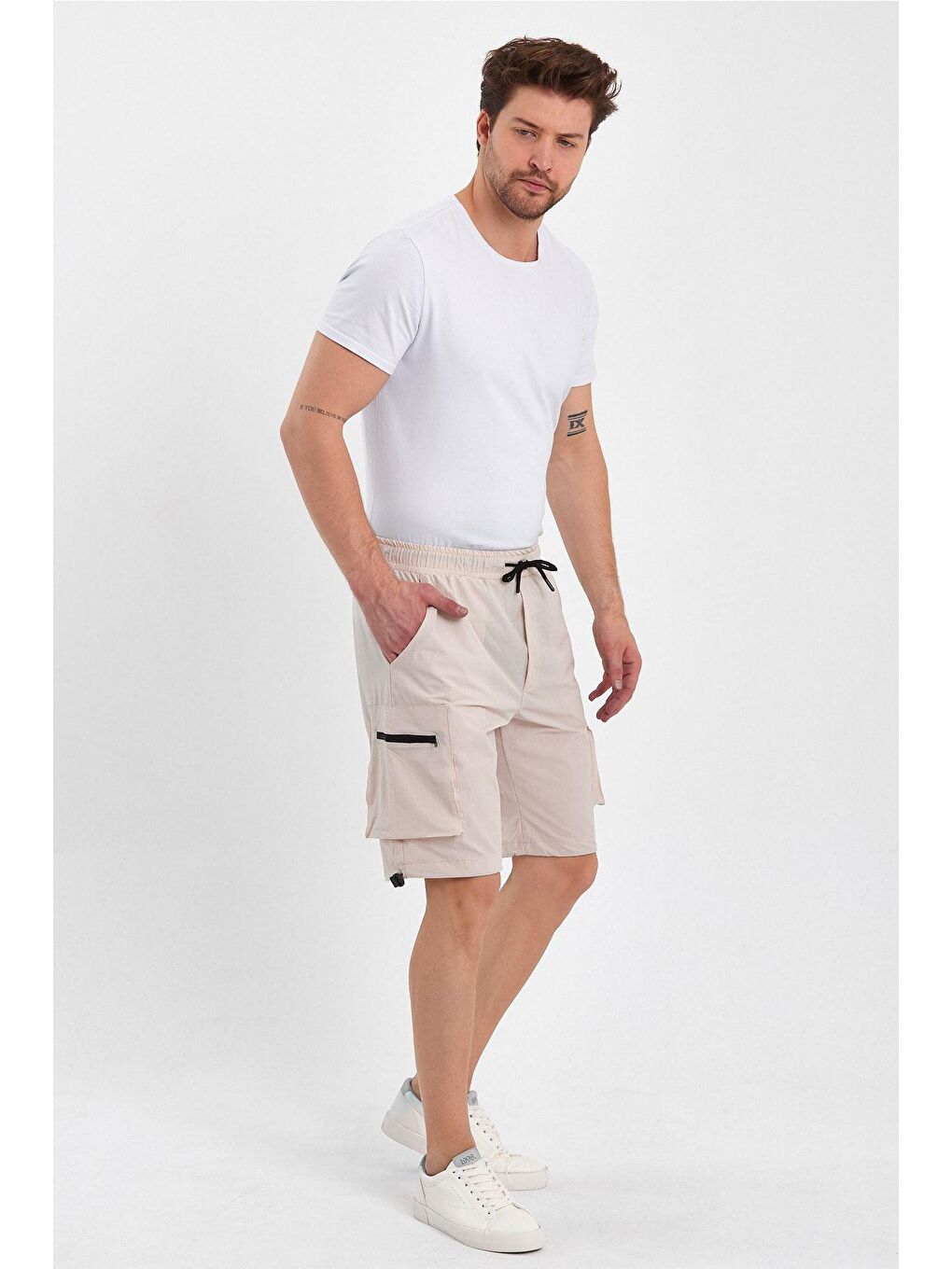 Bej Erkek Spor Şort Outdoor Spor Likra Fermuar Kargo Cepli Şort-3
