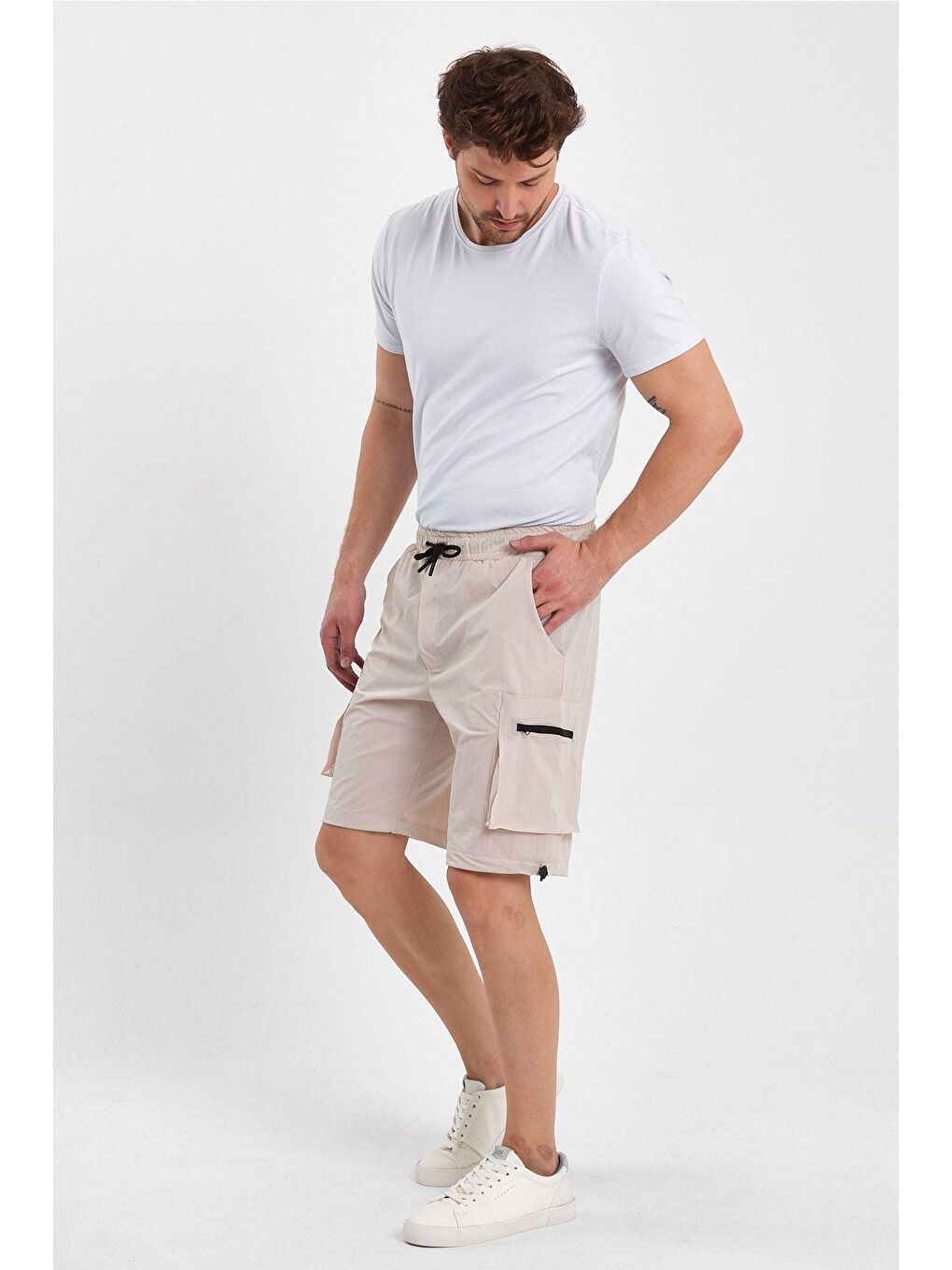 Bej Erkek Spor Şort Outdoor Spor Likra Fermuar Kargo Cepli Şort-4
