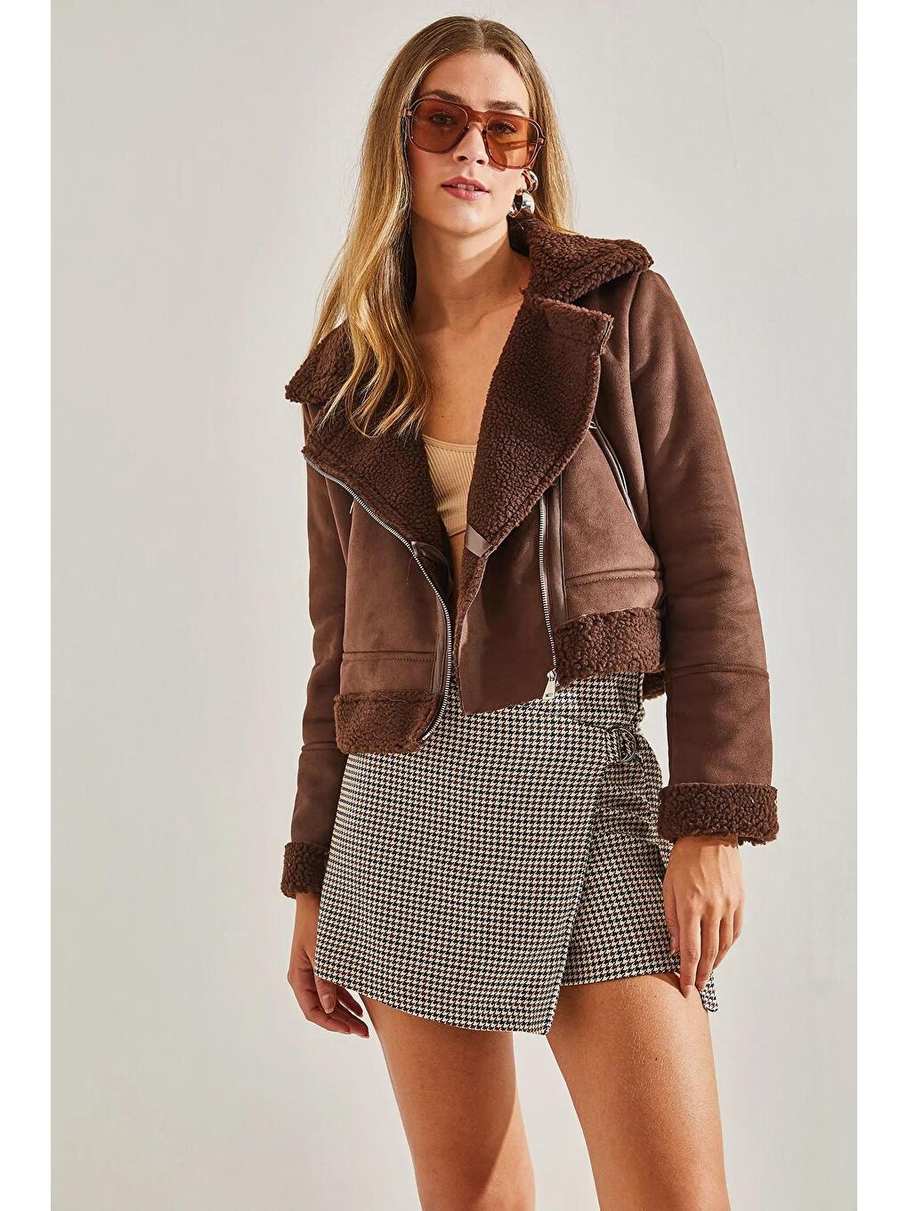 Kahverengi Kadın Süet Pelüş Mont-1