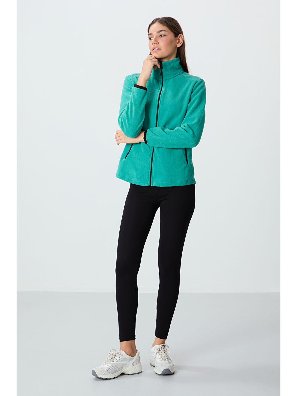 Turkuaz Deniz Yeşili Dik Yaka Fermuarlı Rahat Form Kadın Polar Sweatshirt - 97173-2