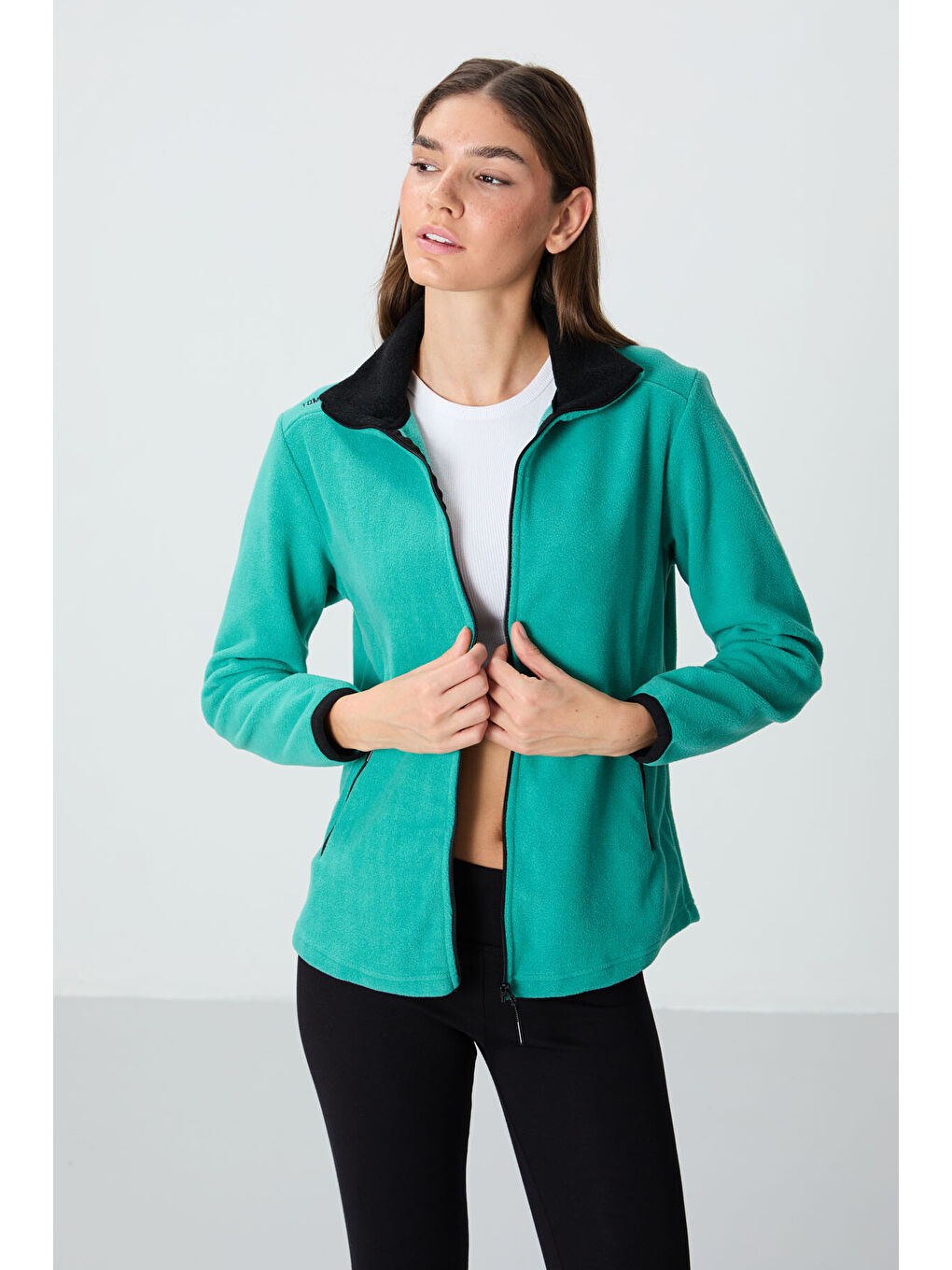 Turkuaz Deniz Yeşili Dik Yaka Fermuarlı Rahat Form Kadın Polar Sweatshirt - 97173-3