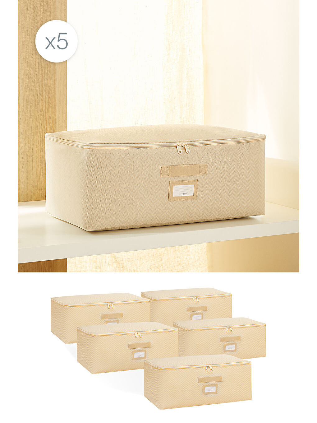 5'li Orta Boy Bej Balıksırtı Hurç Set 52 x 28 x 21 cm