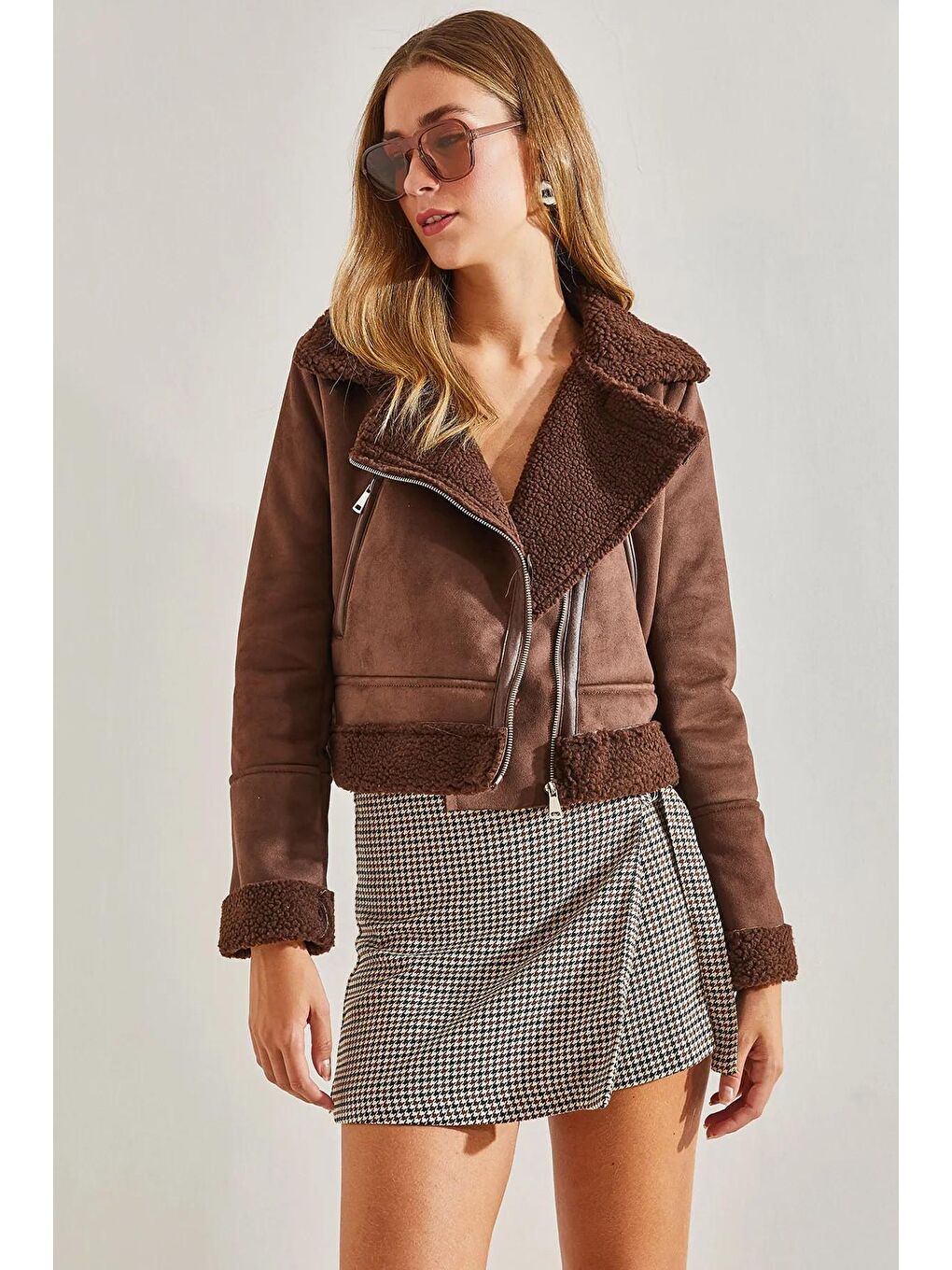 Kahverengi Kadın Süet Pelüş Mont-2