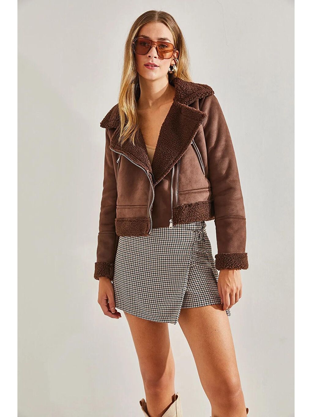 Kahverengi Kadın Süet Pelüş Mont-3