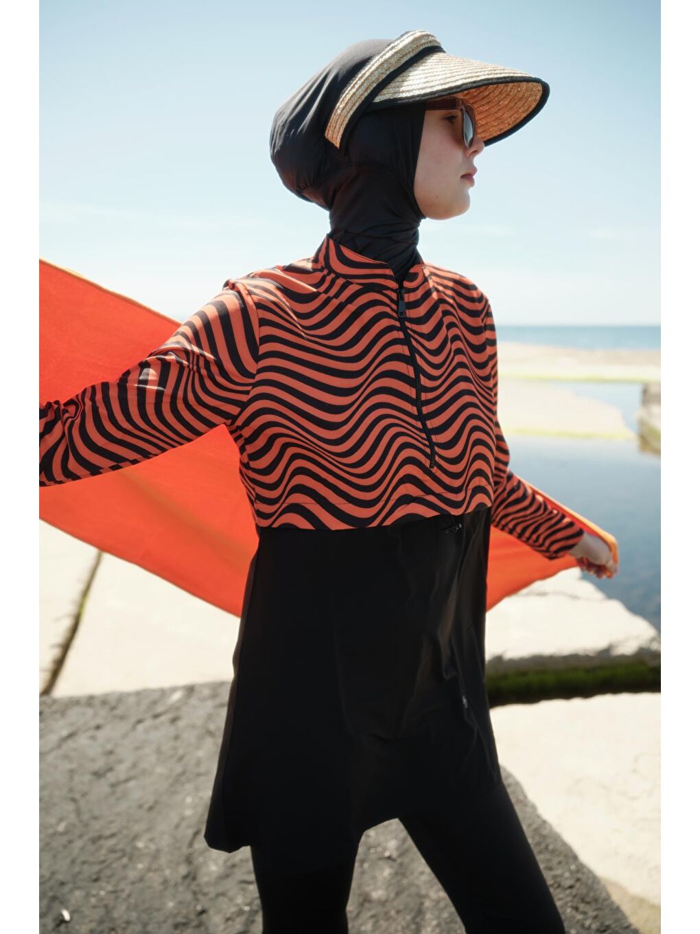 Kahverengi Desenli Belden Büzgülü 4'Lü Tesettür Mayo 6220 Kiremit/Siyah