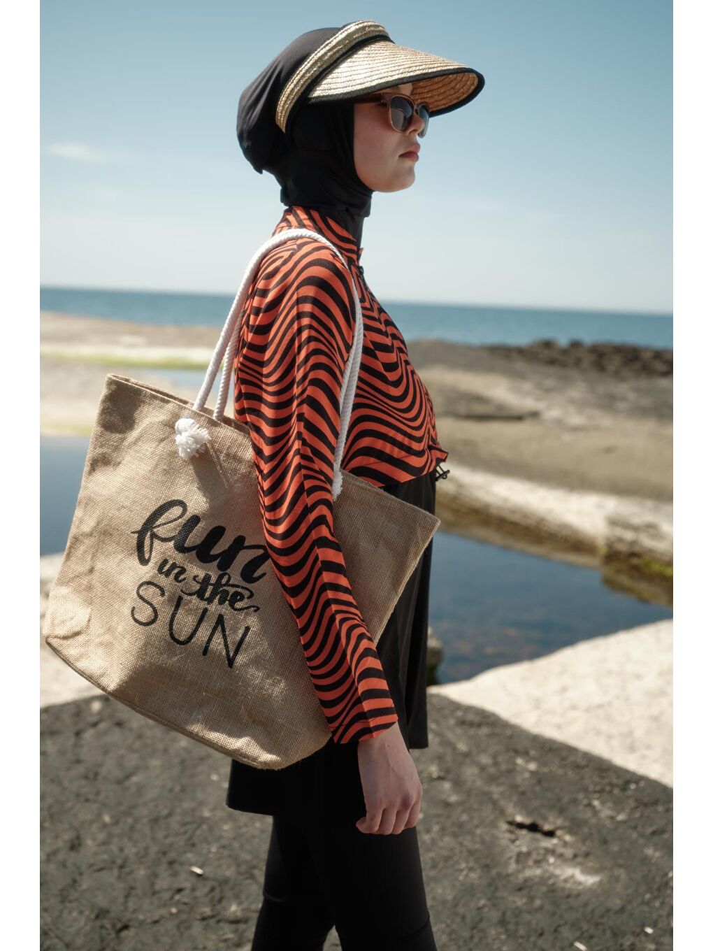 Kahverengi Desenli Belden Büzgülü 4'Lü Tesettür Mayo 6220 Kiremit/Siyah-1