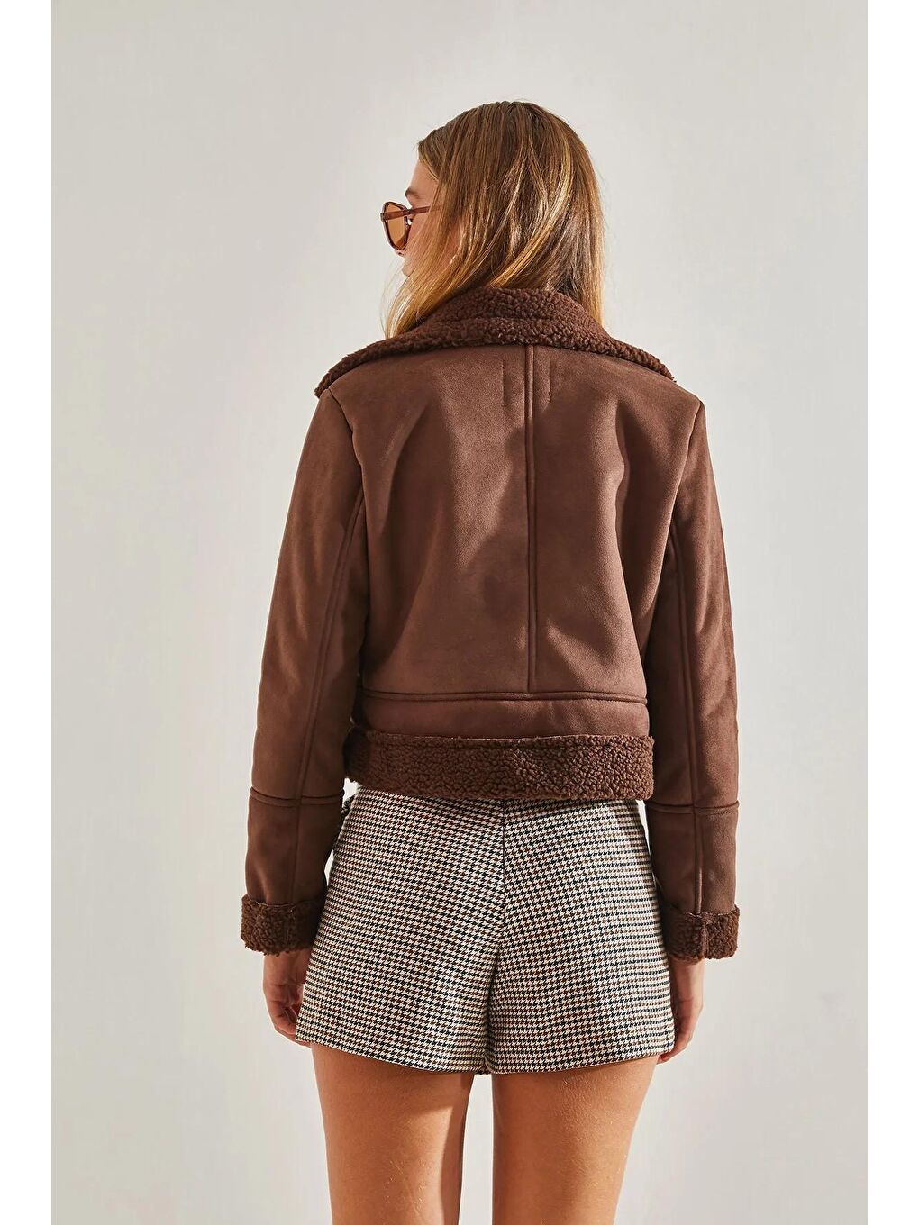 Kahverengi Kadın Süet Pelüş Mont-4