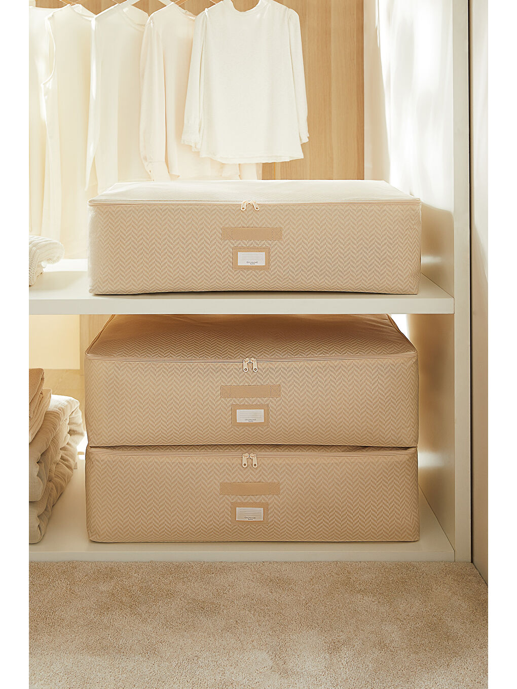 3'lü Mega Boy Bej Balıksırtı Baza Altı Hurç Set 74 x 46 x 22 cm-1