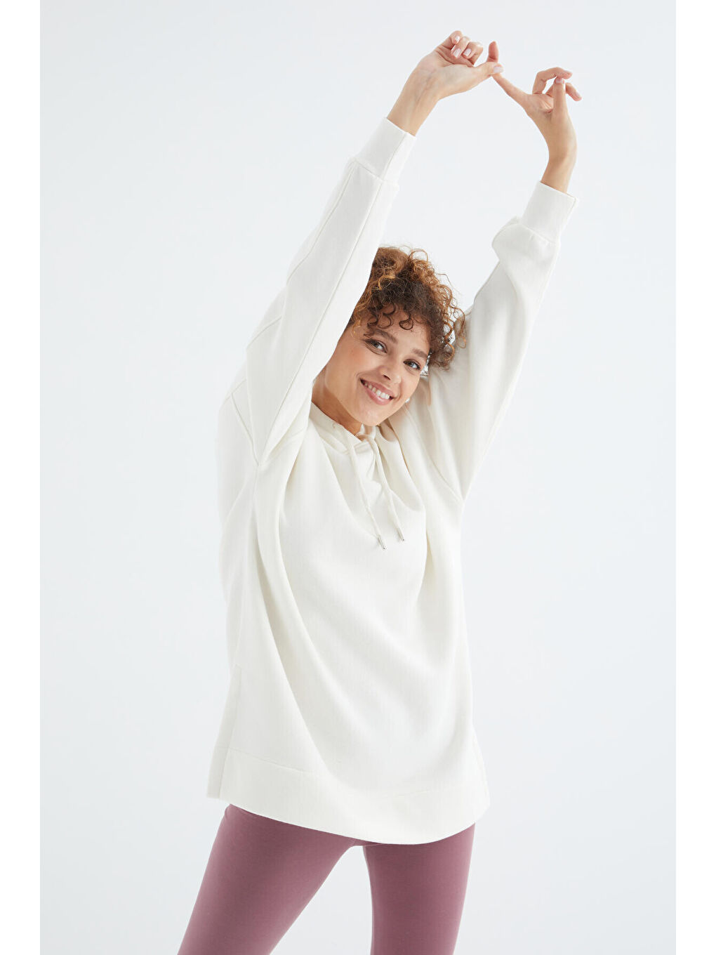 Ekru Reglan Kol Basic Kapüşonlu Oversize Tunik - 97242-1