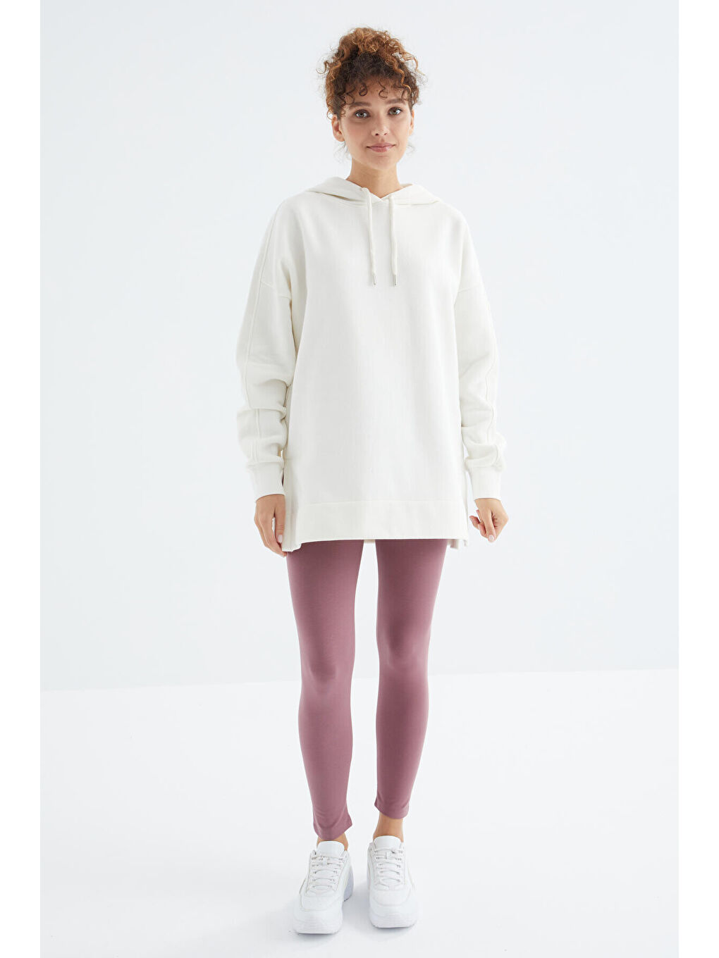 Ekru Reglan Kol Basic Kapüşonlu Oversize Tunik - 97242-3