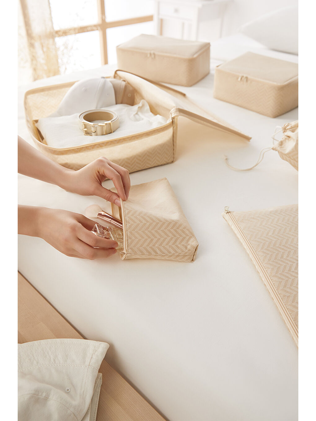 6'lı Bej Balıksırtı Bavul İçi Düzenleyici Set-4