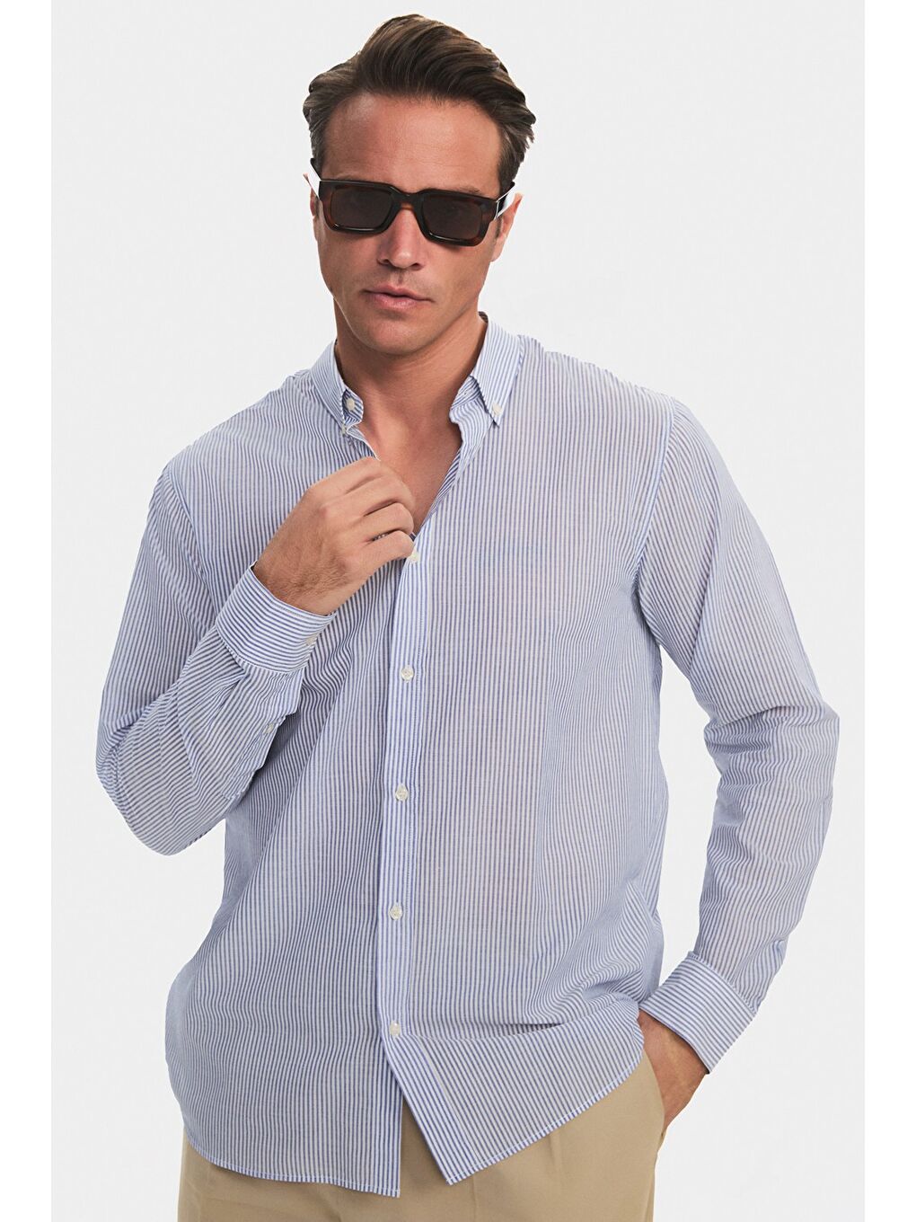 Mavi Erkek Regular Fit %100 Pamuk Düğme Yakalı Çizgili Gömlek-1