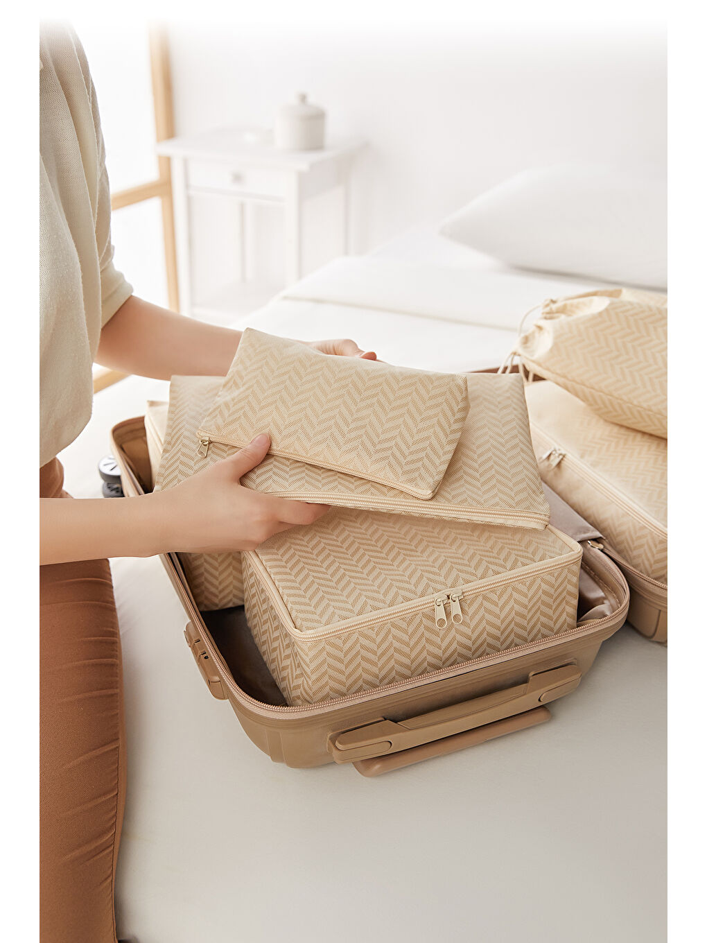 6'lı Bej Balıksırtı Bavul İçi Düzenleyici Set-5