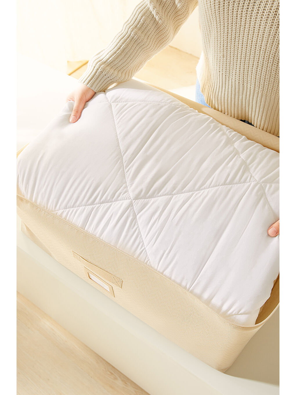 3'lü Büyük Boy Bej Balıksırtı Baza Altı Hurç Set 62 x 46 x 22 cm-4