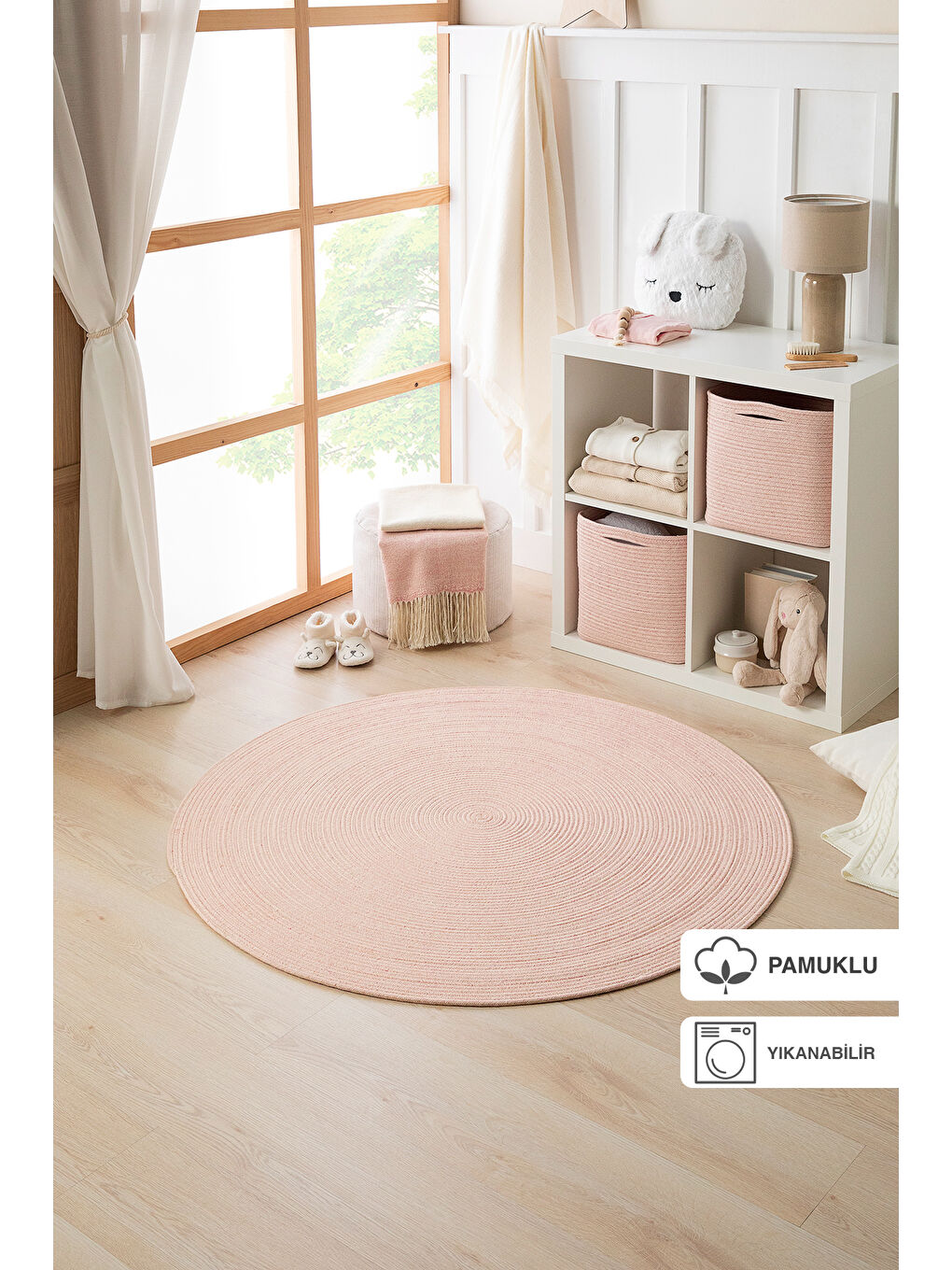 Pembe Yıkanabilir Yuvarlak Halı Kilim 120 cm