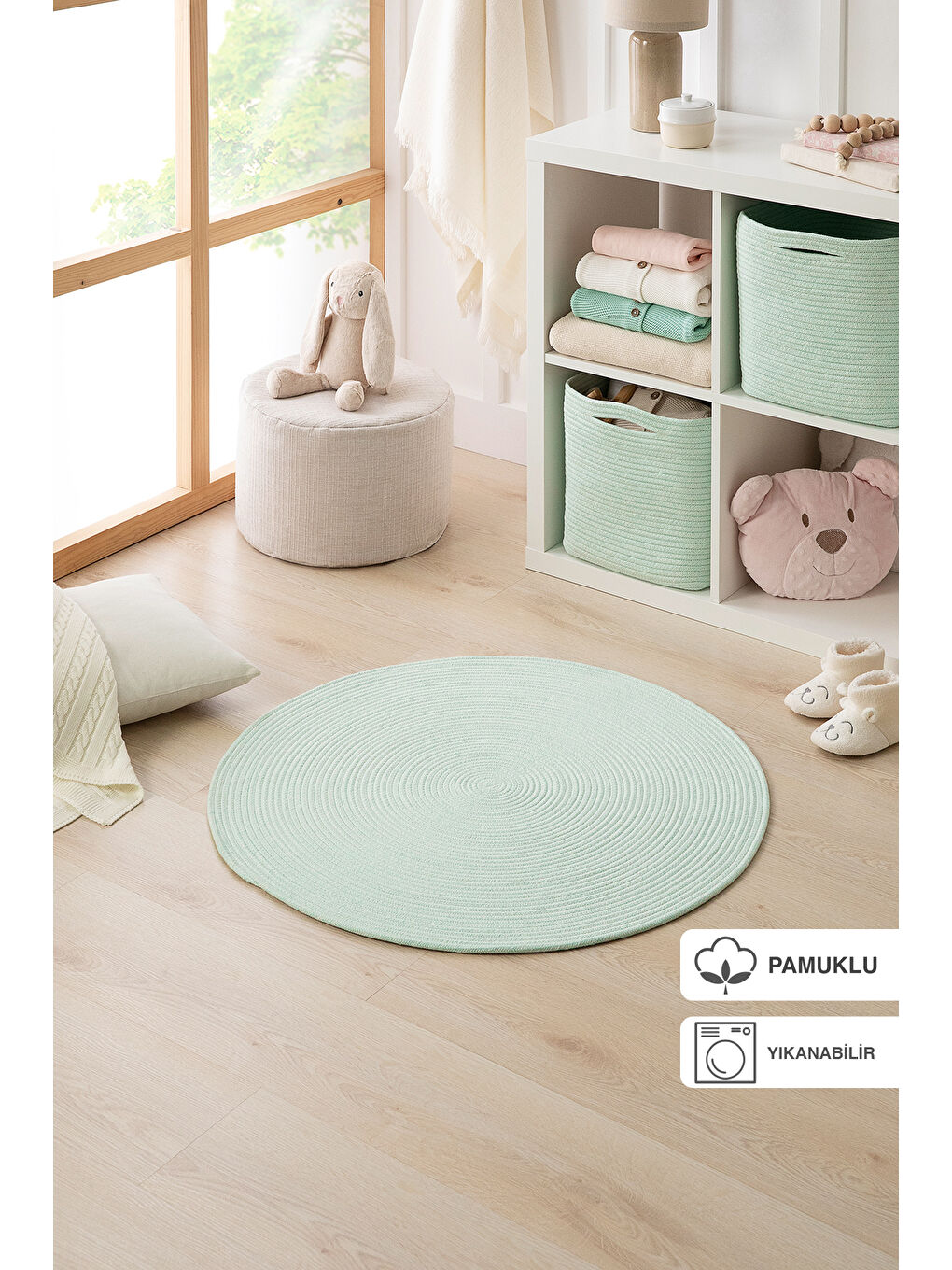 Turkuaz Yıkanabilir Yuvarlak Halı Kilim 80 cm