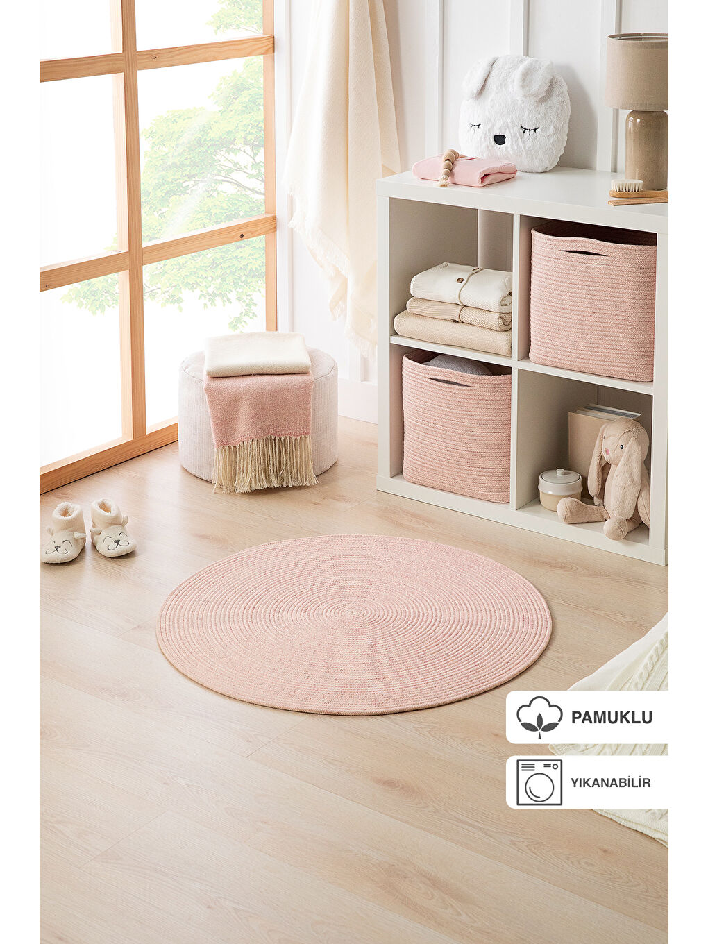 Pembe Yıkanabilir Yuvarlak Halı Kilim 80 cm