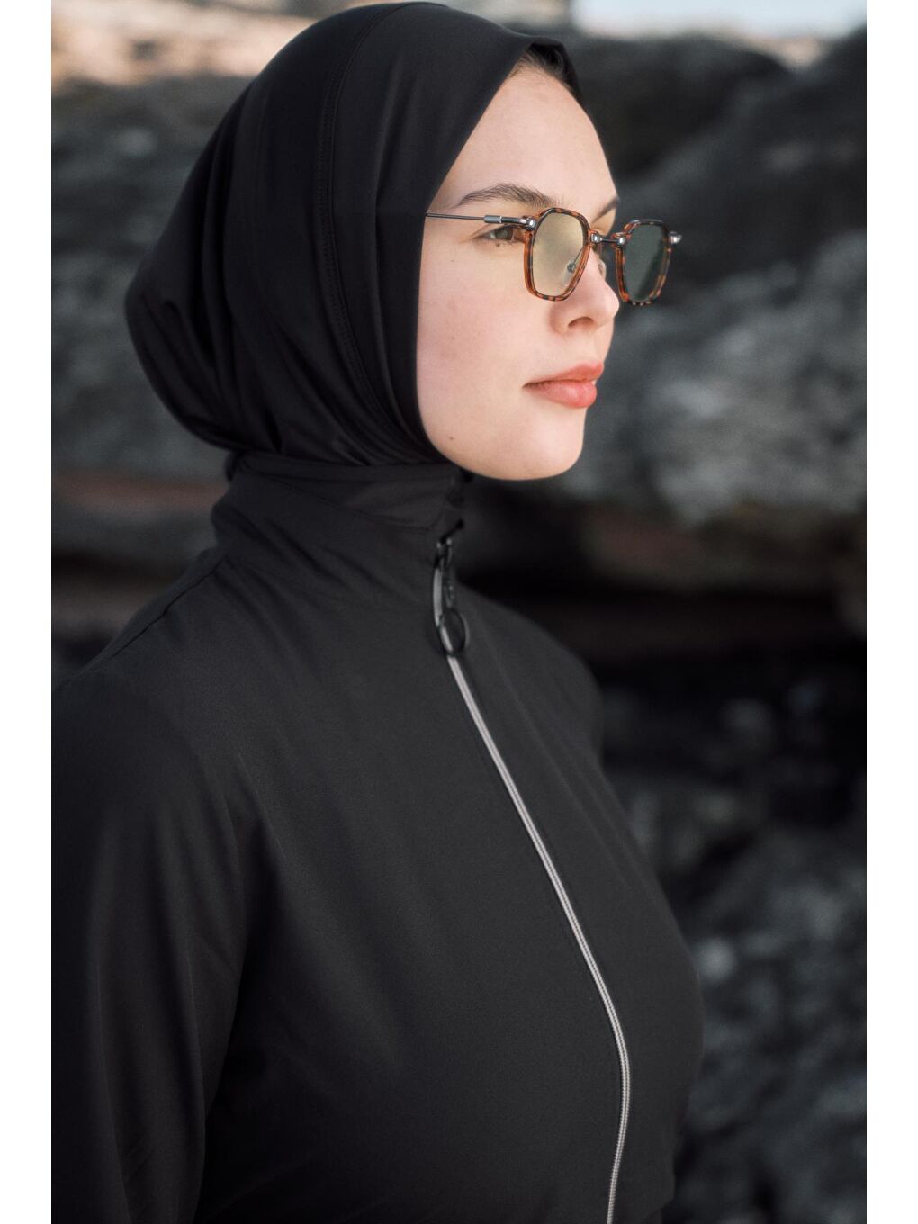 Uzun Tunikli 4'Lü Düz Tesettür Mayo 6056 Siyah-3