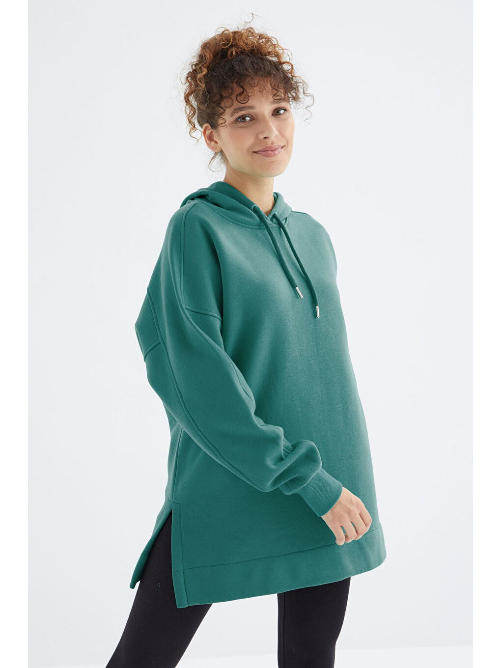Deniz Yeşili Reglan Kol Basic Kapüşonlu Oversize Tunik - 97242