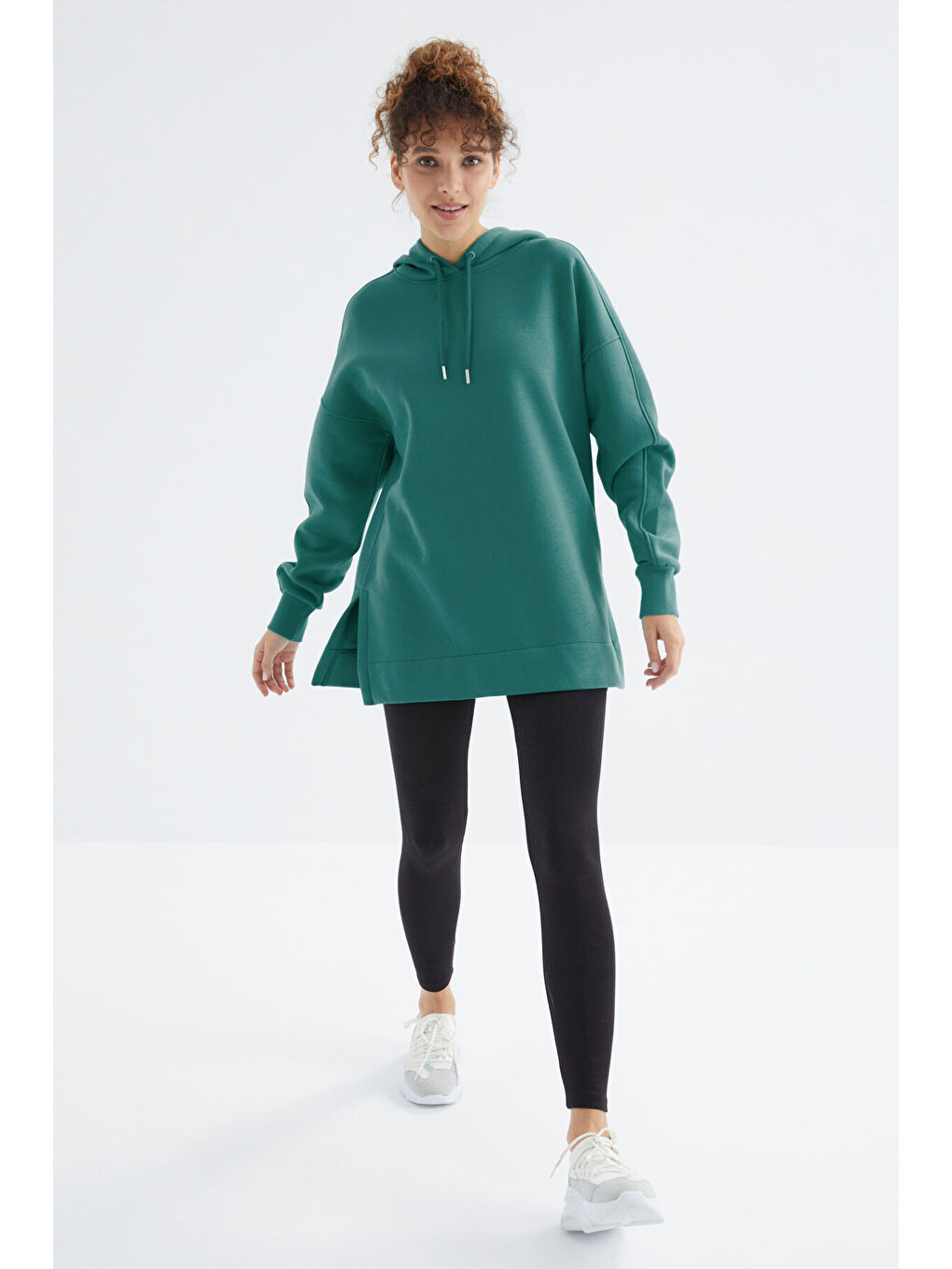 Deniz Yeşili Reglan Kol Basic Kapüşonlu Oversize Tunik - 97242-1