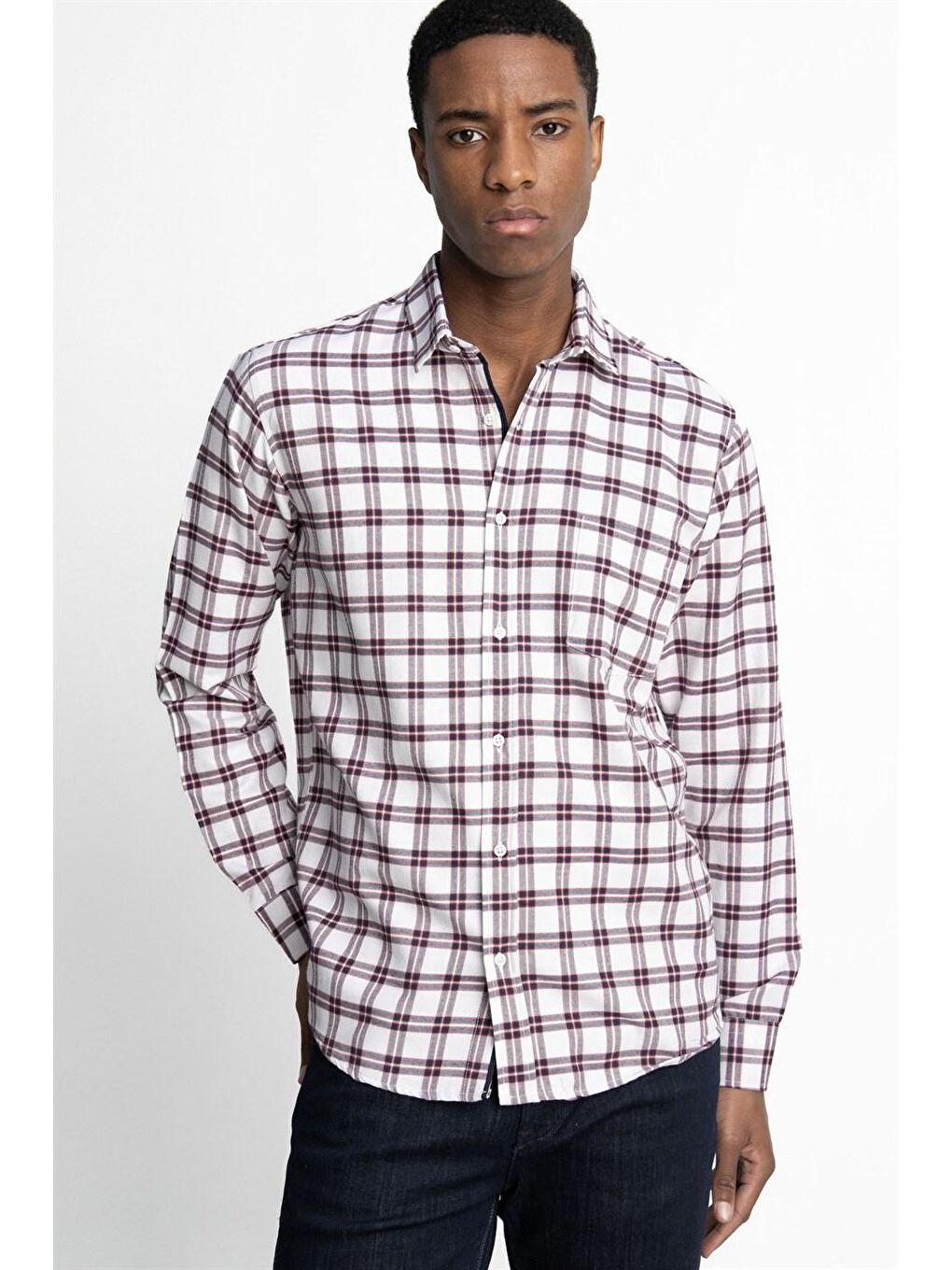 Siyah Klasik Fit Uzun Kol Kışlık Kareli Tek Cepli Erkek Renkli Gömlek