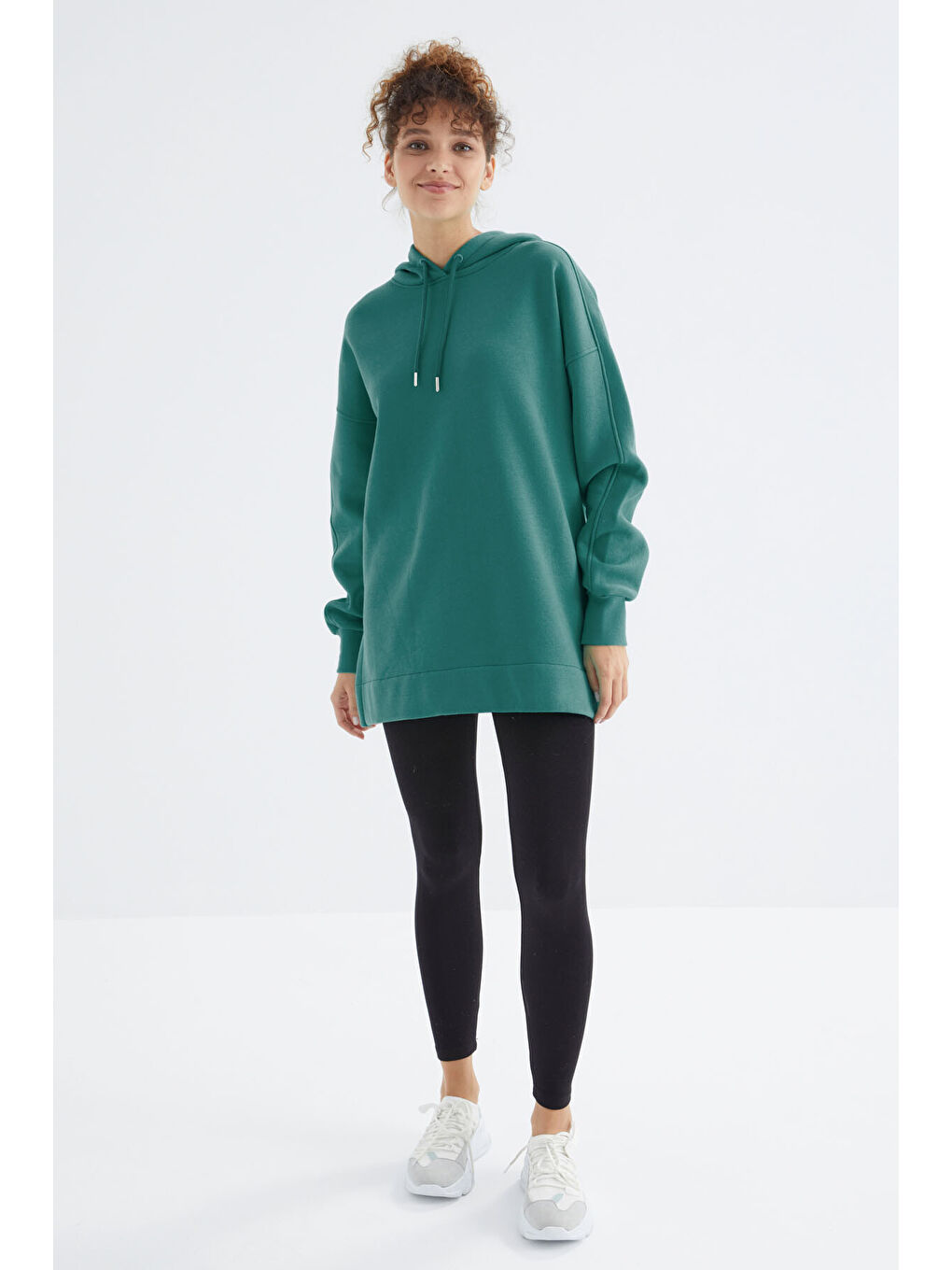 Deniz Yeşili Reglan Kol Basic Kapüşonlu Oversize Tunik - 97242-3