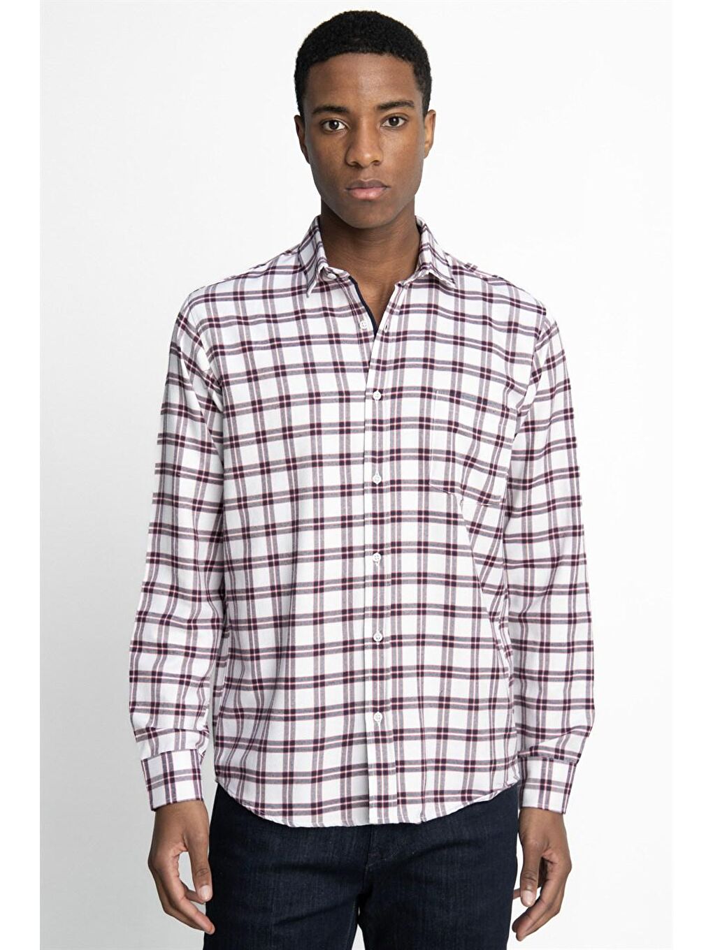 Siyah Klasik Fit Uzun Kol Kışlık Kareli Tek Cepli Erkek Renkli Gömlek-1