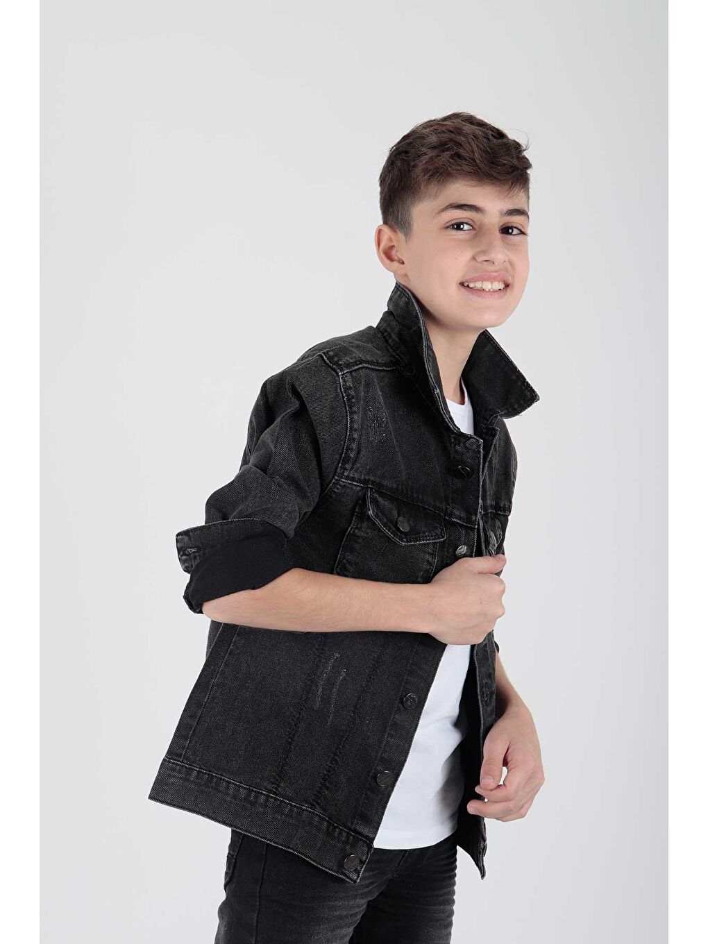 Siyah Erkek Çocuk Pamuklu Jean Ceket Günlük Modaya Uygun-3