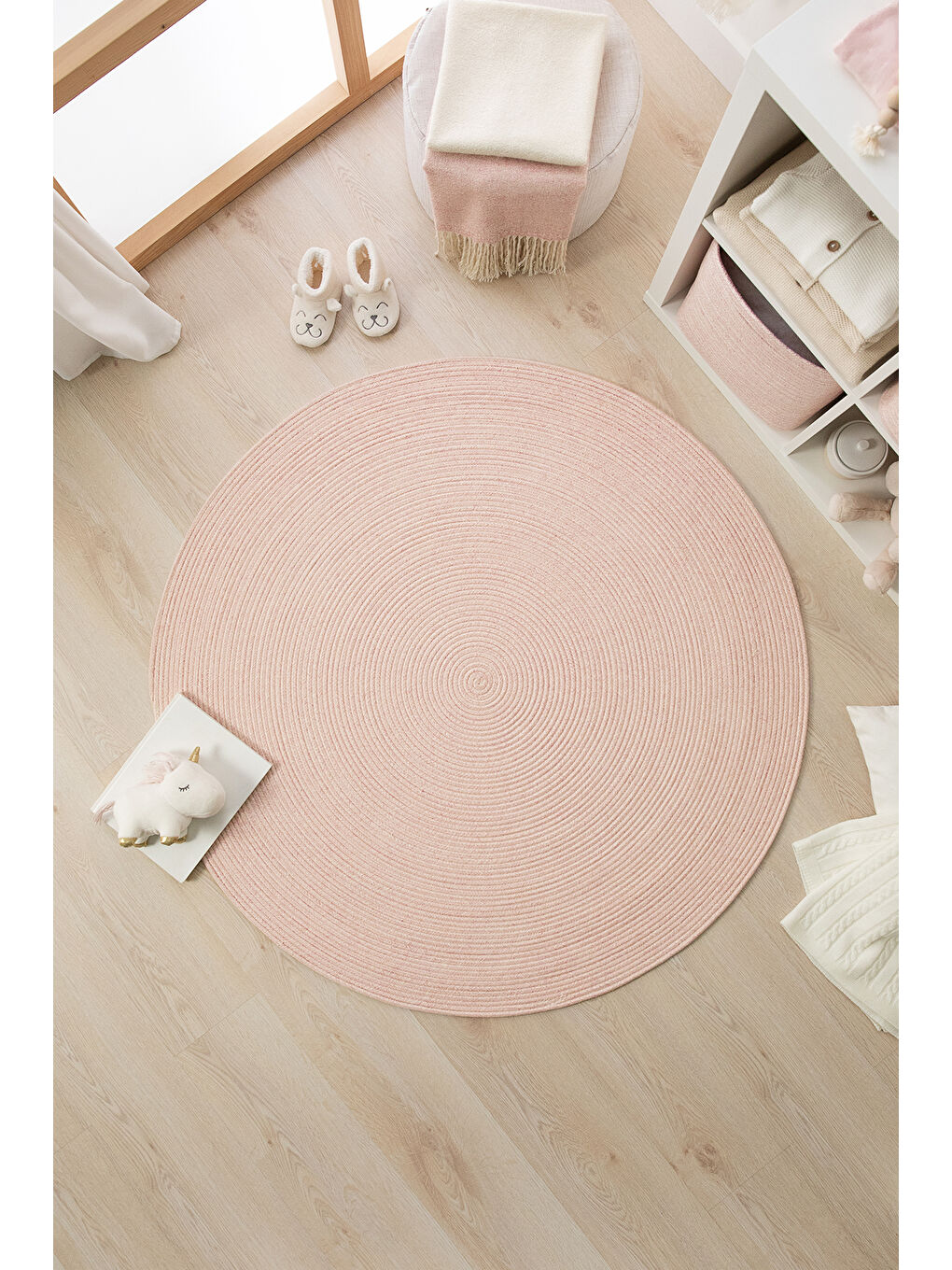 Pembe Yıkanabilir Yuvarlak Halı Kilim 120 cm-3