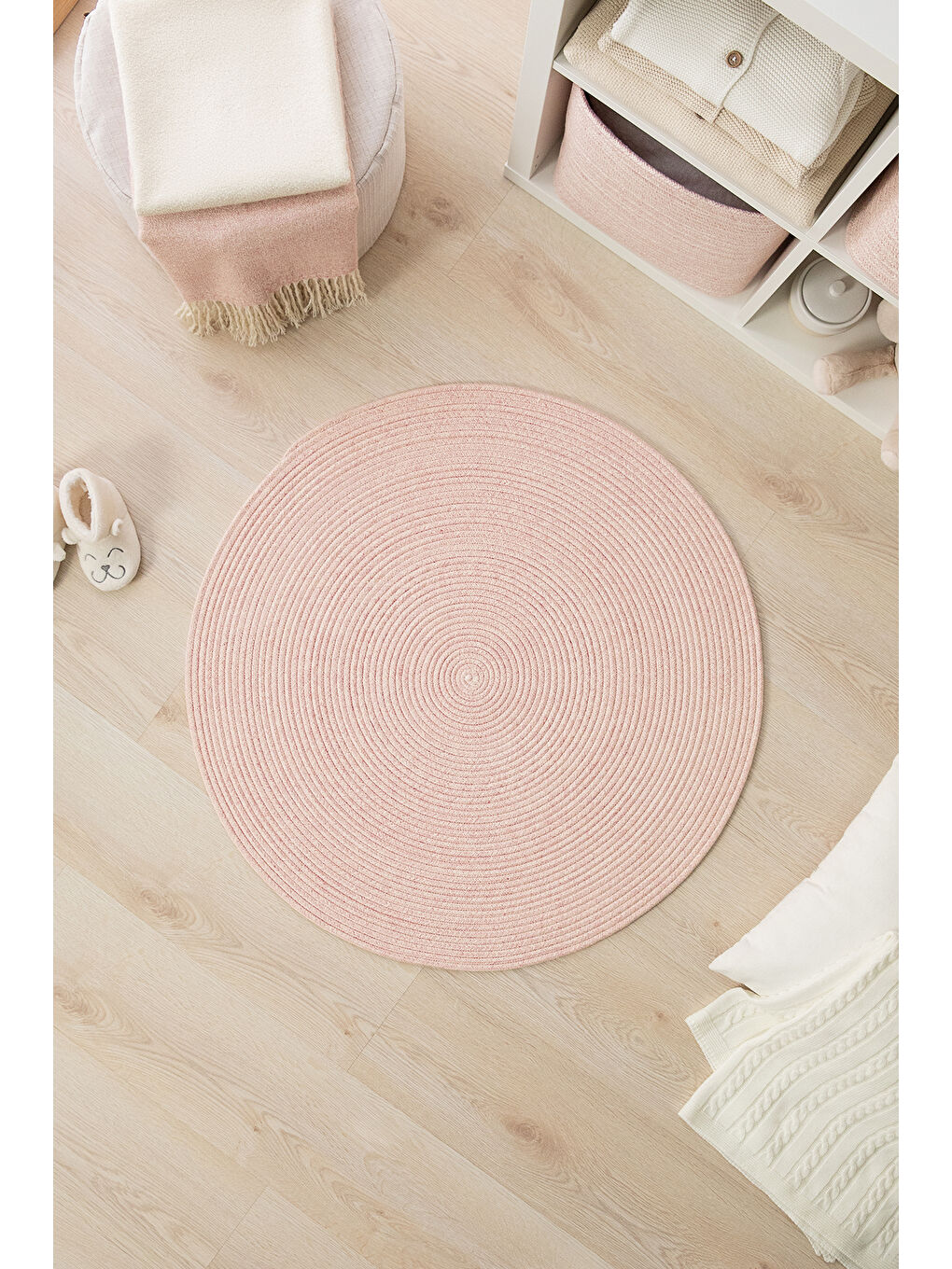 Pembe Yıkanabilir Yuvarlak Halı Kilim 80 cm-3