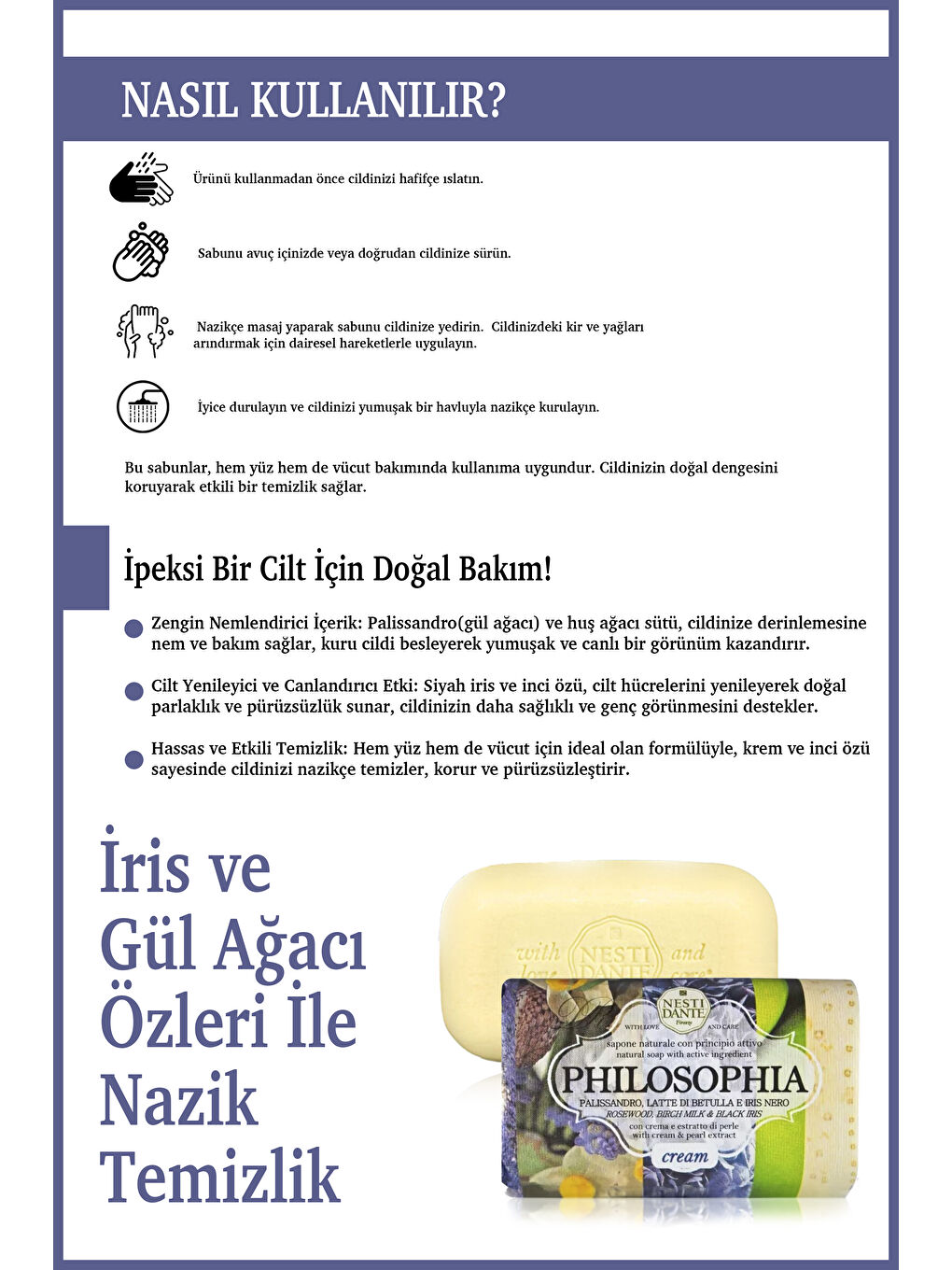 Nesti Dante Philosophia Cream İnci Özlü İris ve Gül Ağacı Parlatıcı Nemlendirici Sabun Vegan Bakım 2 - 3