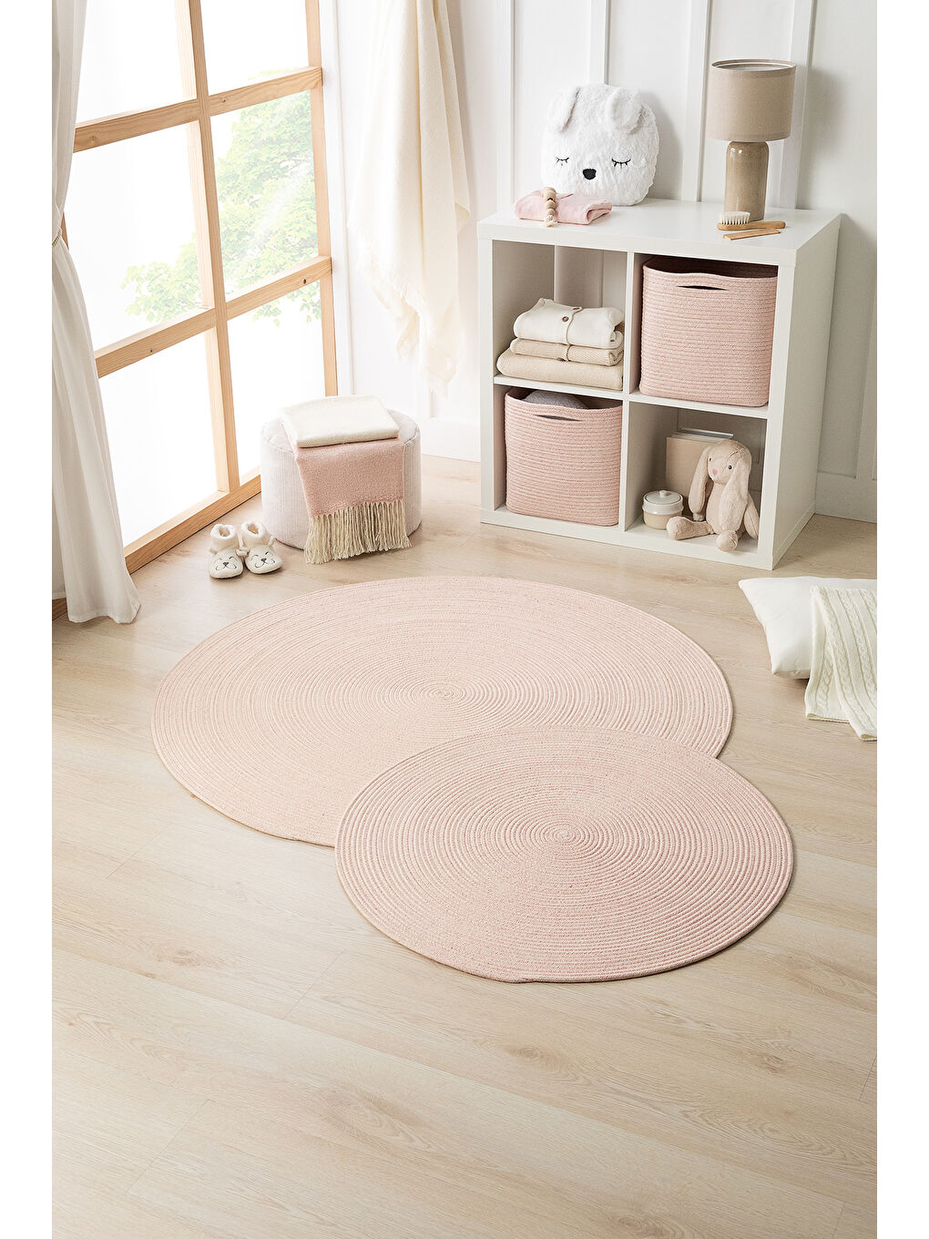 Pembe Yıkanabilir Yuvarlak Halı Kilim 80 cm-4